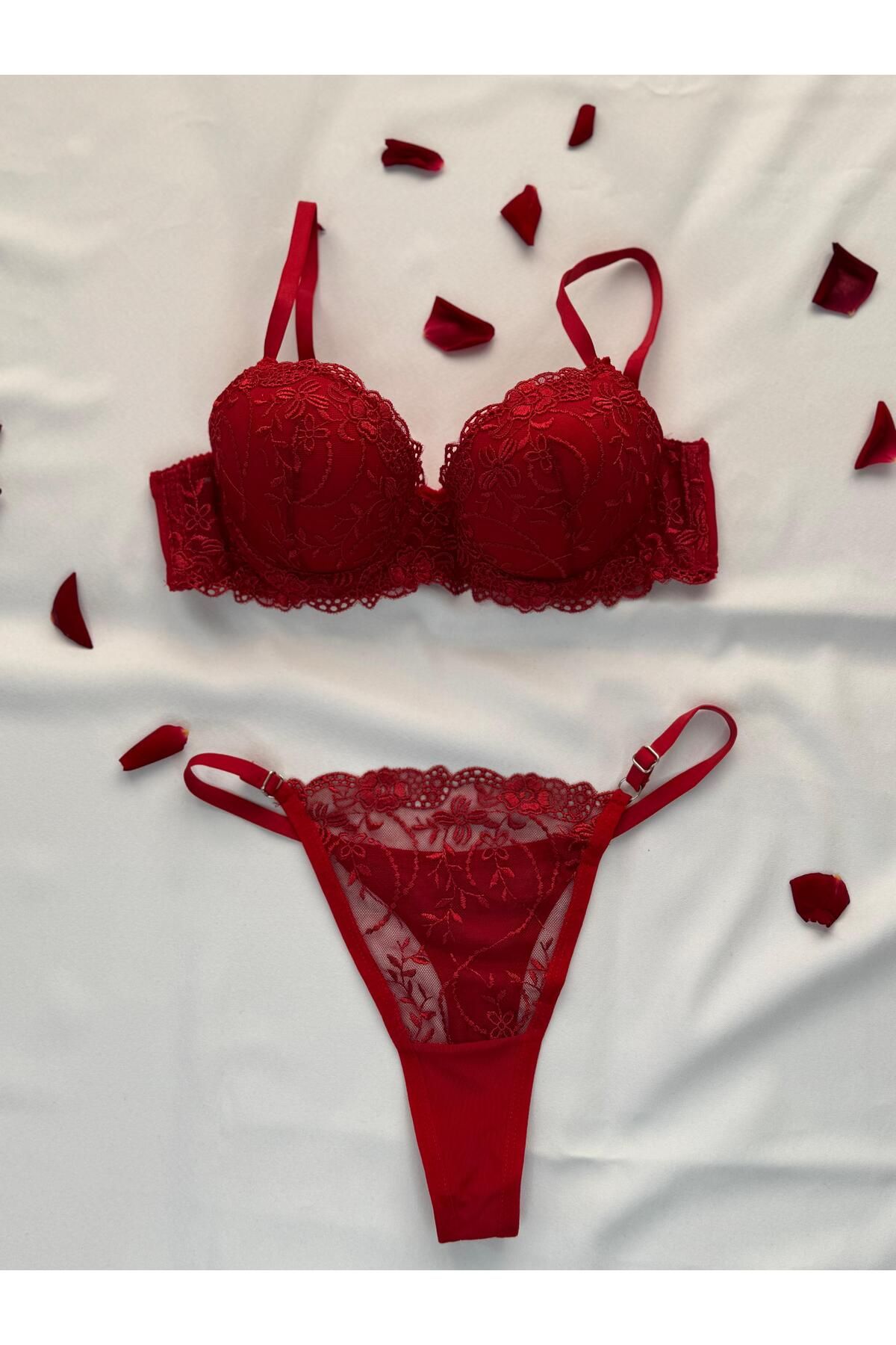 unbranded Privée Scarlet Kırmızı Dantelli Balensiz Brode Takım