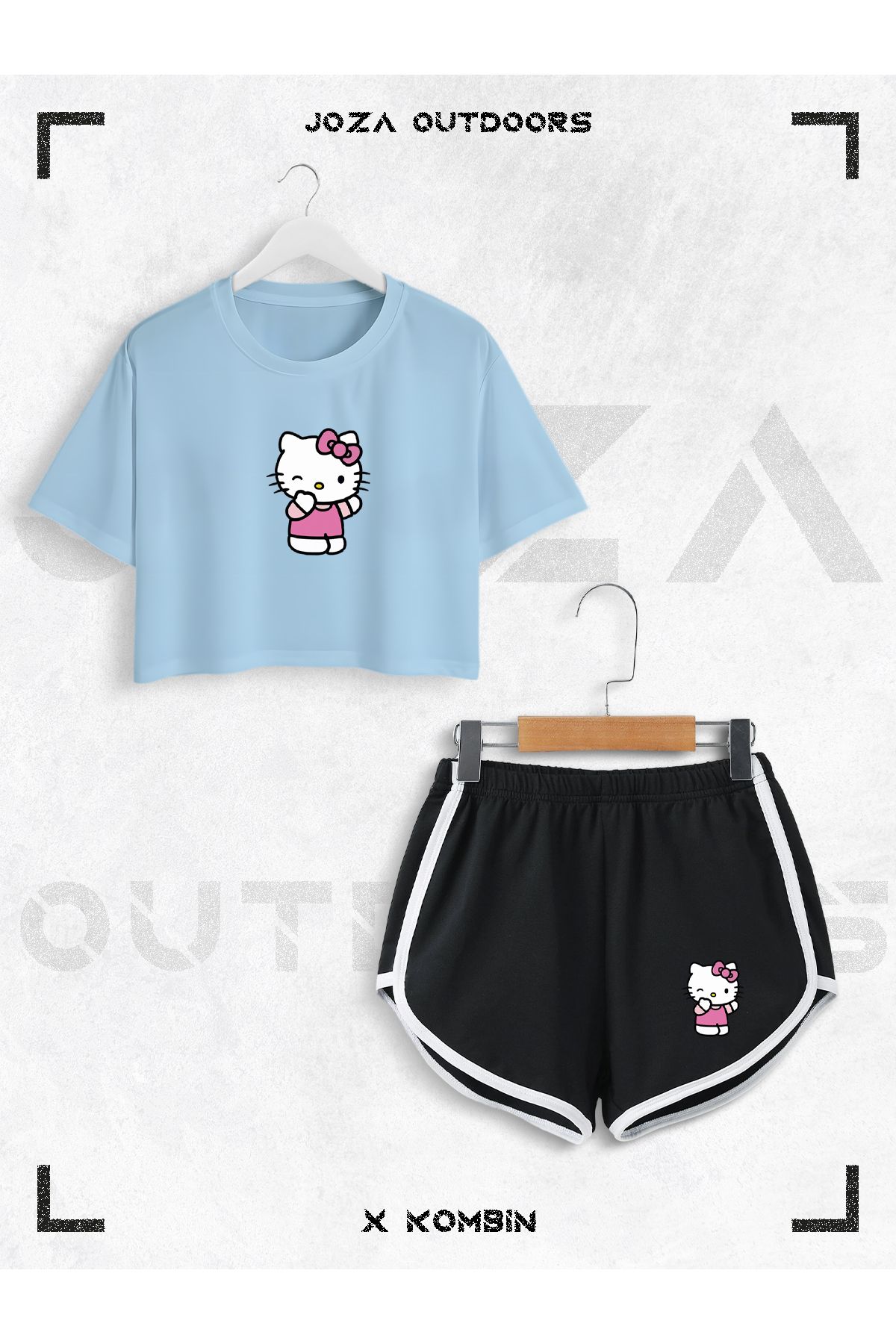 Jobia Outdoors Kadın Hello Kitty Baskılı Tasarım Yazlık Oversize Crop ve Biyeli Şort 2li Takım