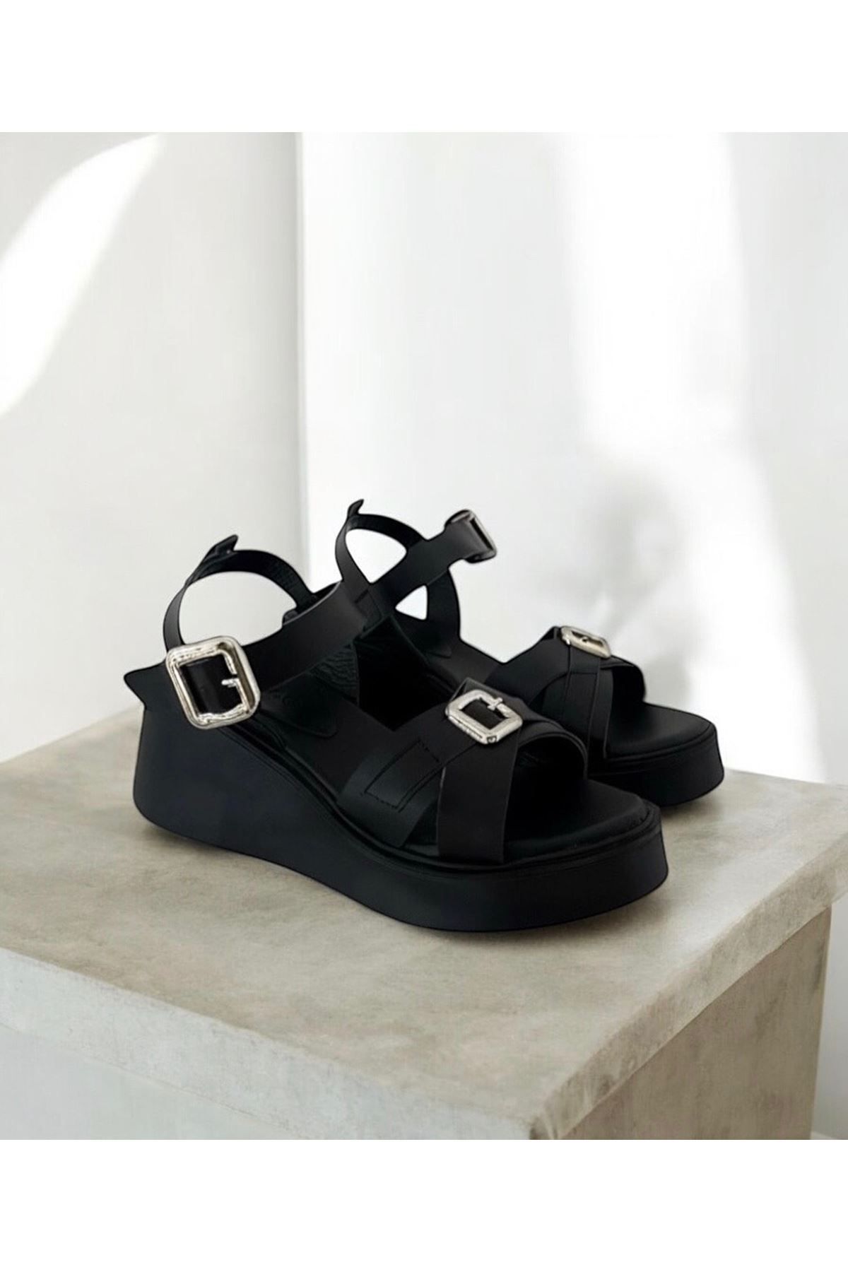 Saracshoes Gerçek Deri Siyah Kadın Sandalet Dark
