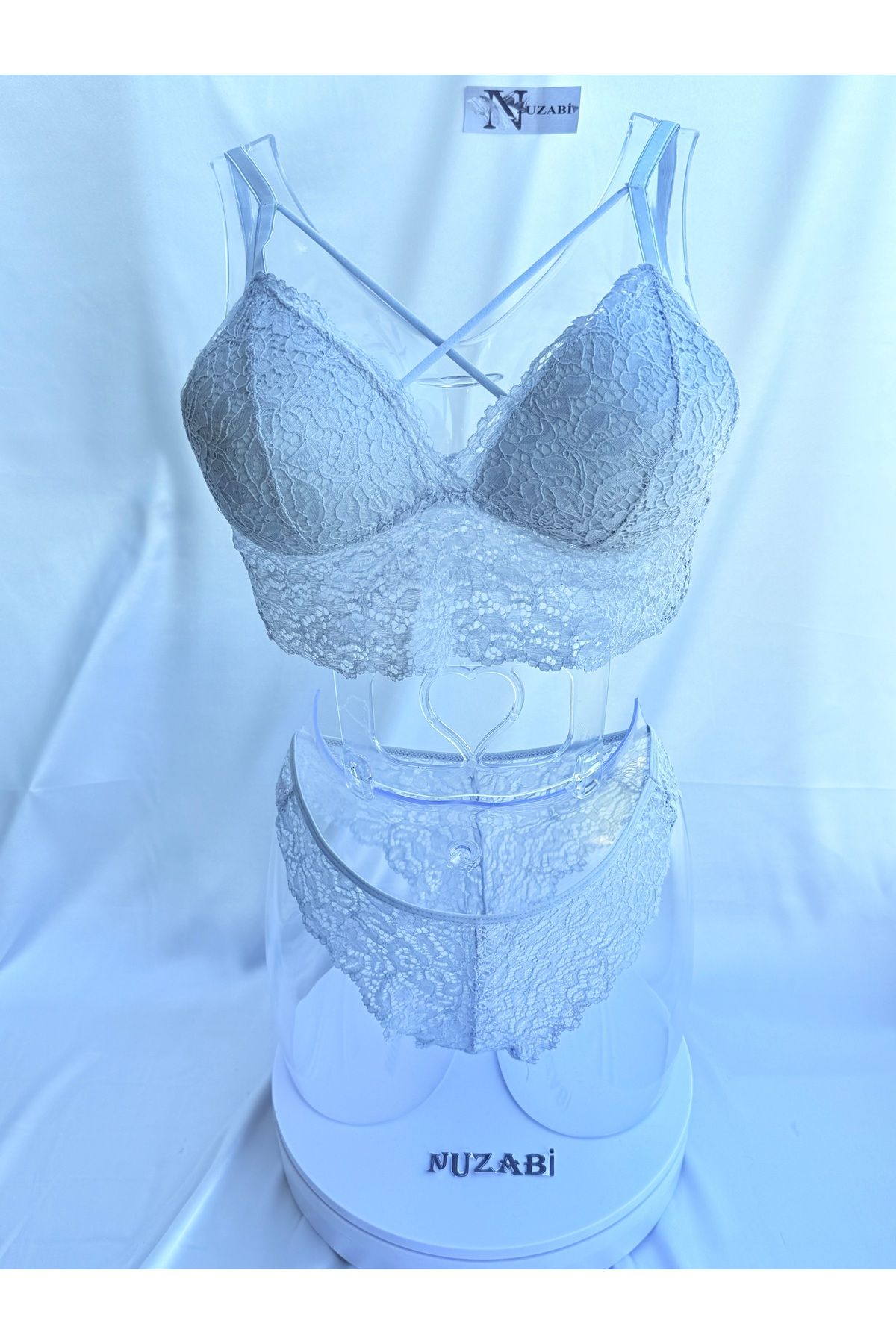 Nuzabi Belinda Nude Gri Çapraz İpli Balenli Dolgusuz Dantel Bralette Takım