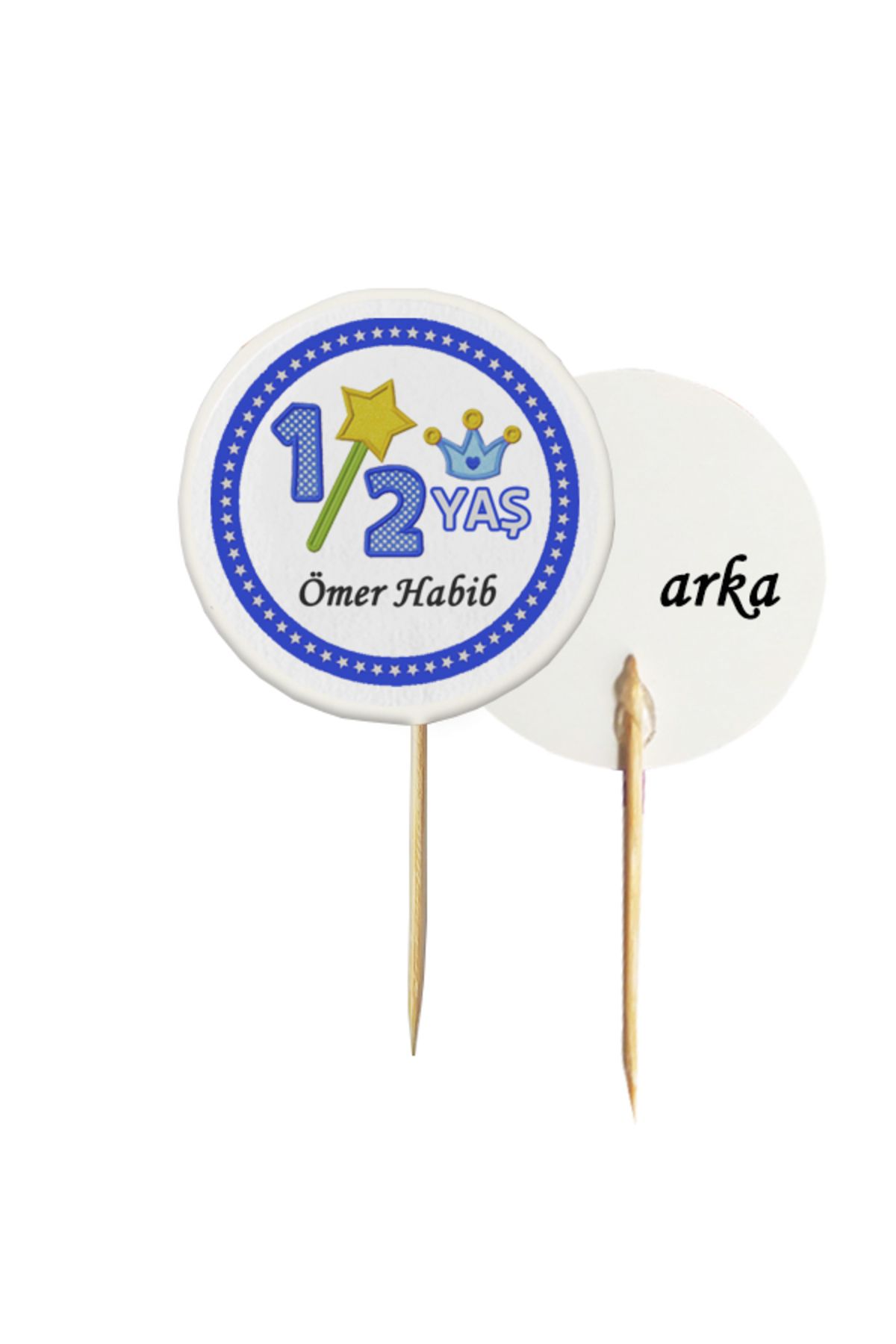 BEYHAN BAYHAN 10 Adet Kişiye Özel Mavi Half Birthday Baskılı Pasta Kürdanı 6,5 cm - Yarım Yaş Doğum Günü
