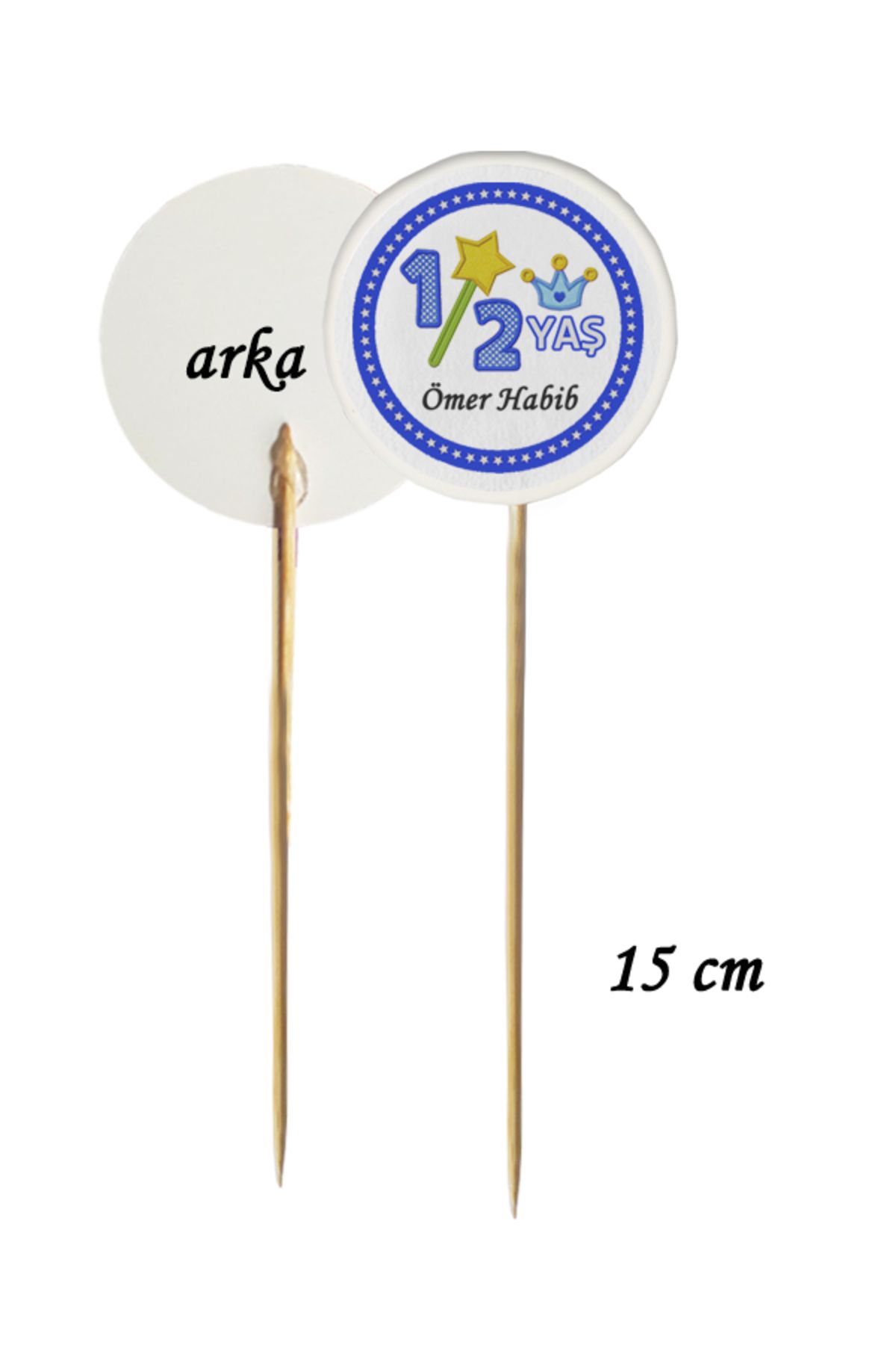 BEYHAN BAYHAN 15 Cm Uzun Kürdan - 10 Adet Kişiye Özel Mavi Half Birthday Baskılı Pasta Kürdanı