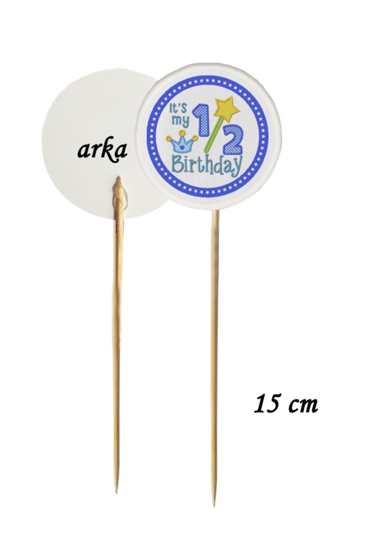 BEYHAN BAYHAN 15 Cm Uzun Kürdan - 10 Adet Mavi Half Birthday Baskılı Pasta Kürdanı