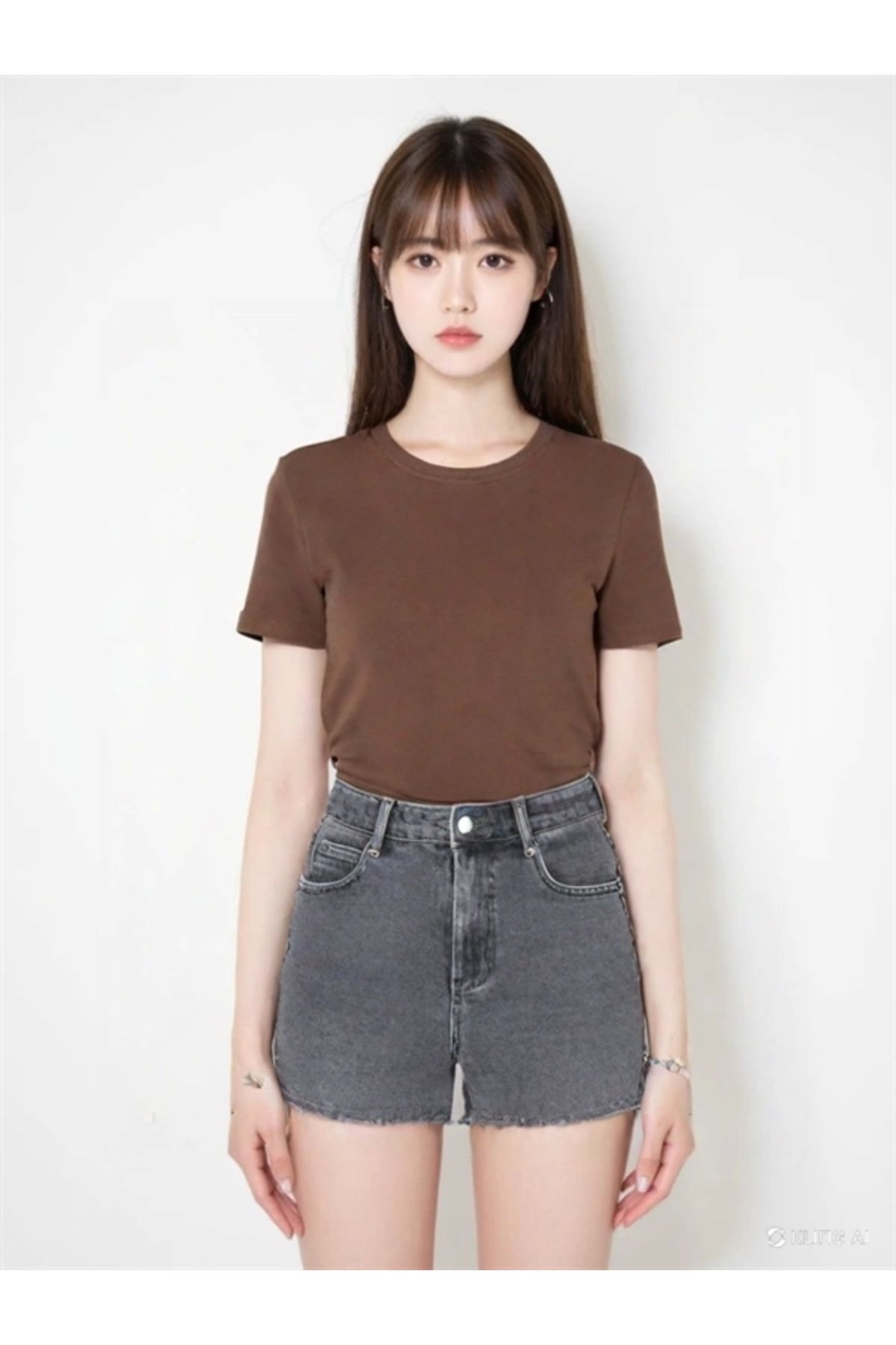 Lale Moda 15339774 Likralı Fitilli Slim Fit Kadın T-Shirt Kahve