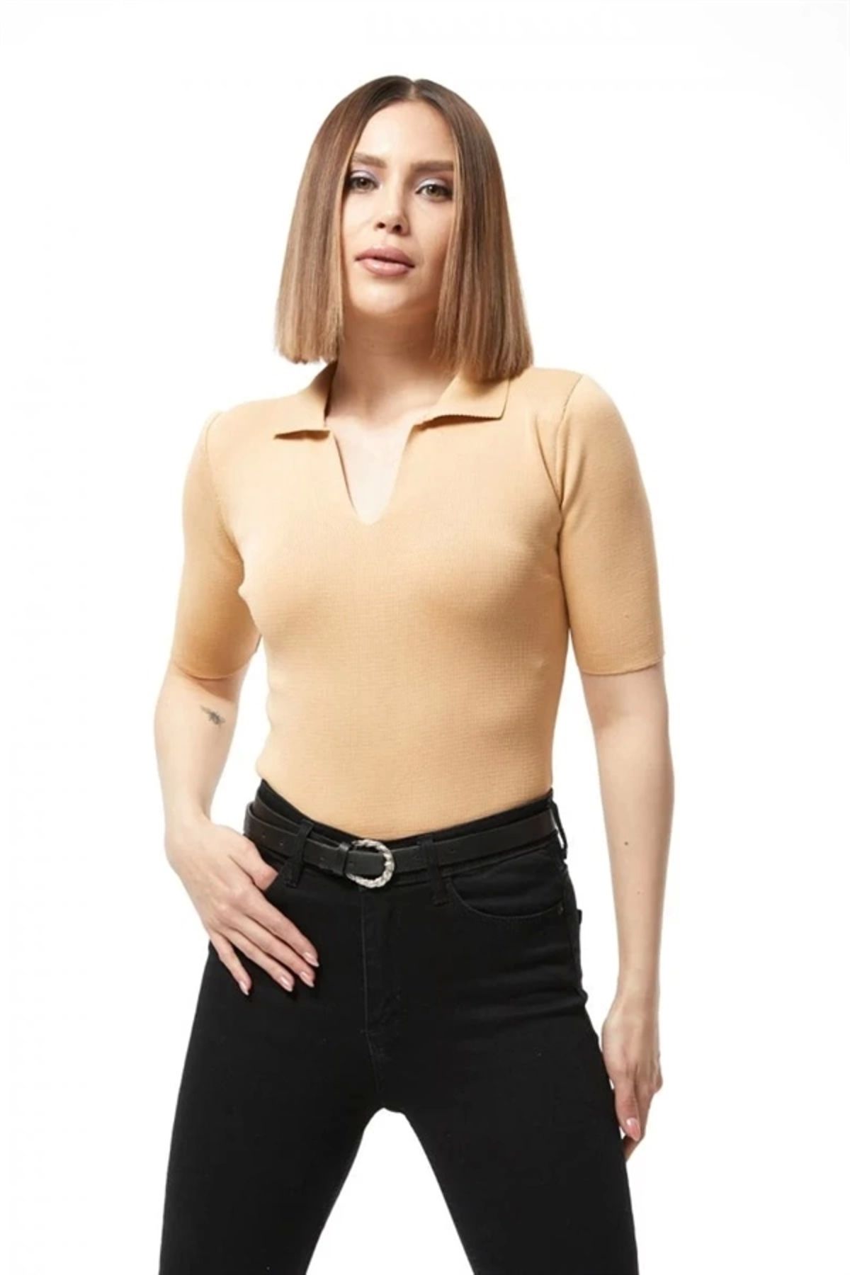 Lale Moda Gömlek yaka yazlık triko bluz