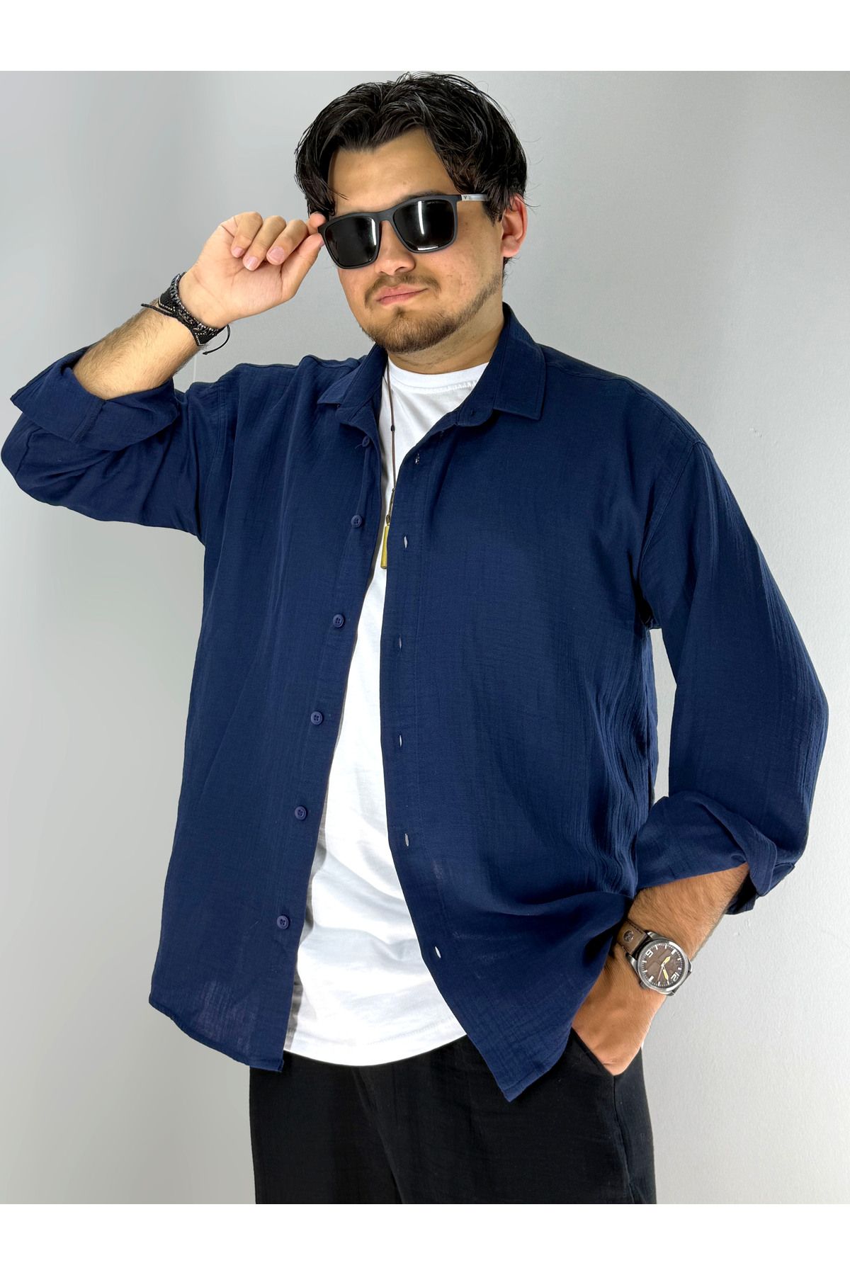 MARESHAL Müslin Oversize Rahat Kesim Gömlek(Lacivert)