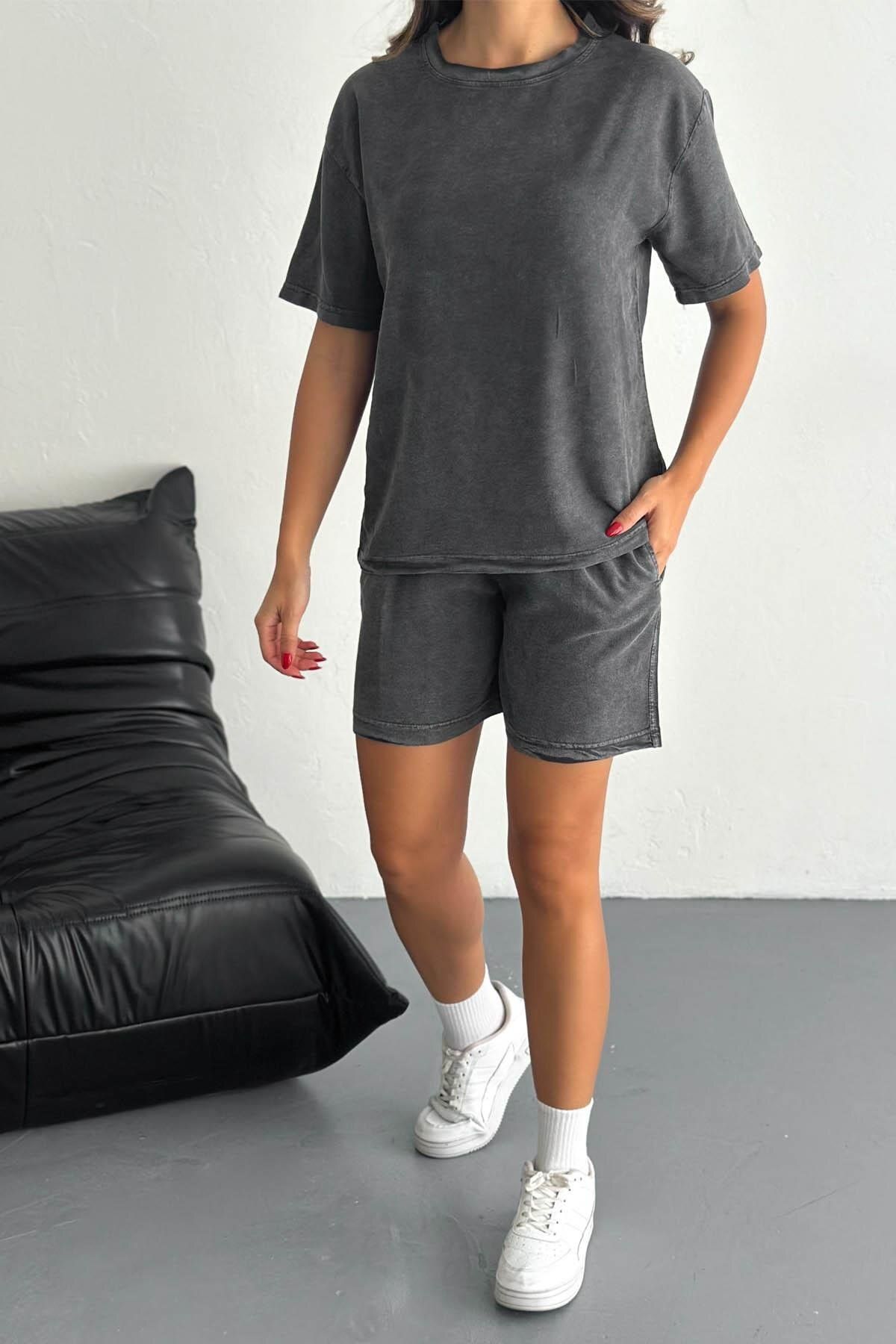 İstangül Butik Soft Blend Yıkama Desen Rahat Şortlu Takım