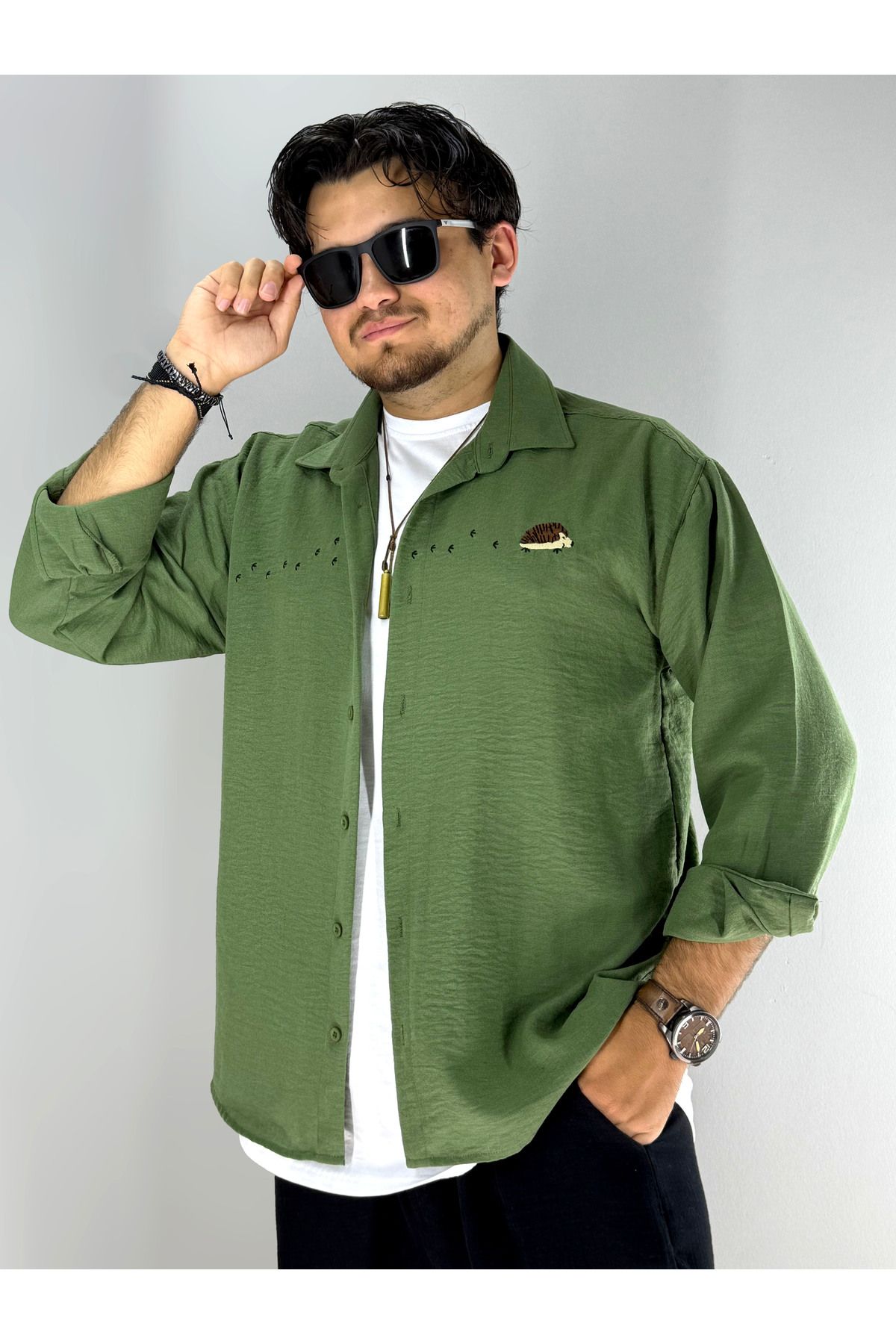 MARESHAL Kirpi Nakış Detaylı Oversize Gömlek(Haki)