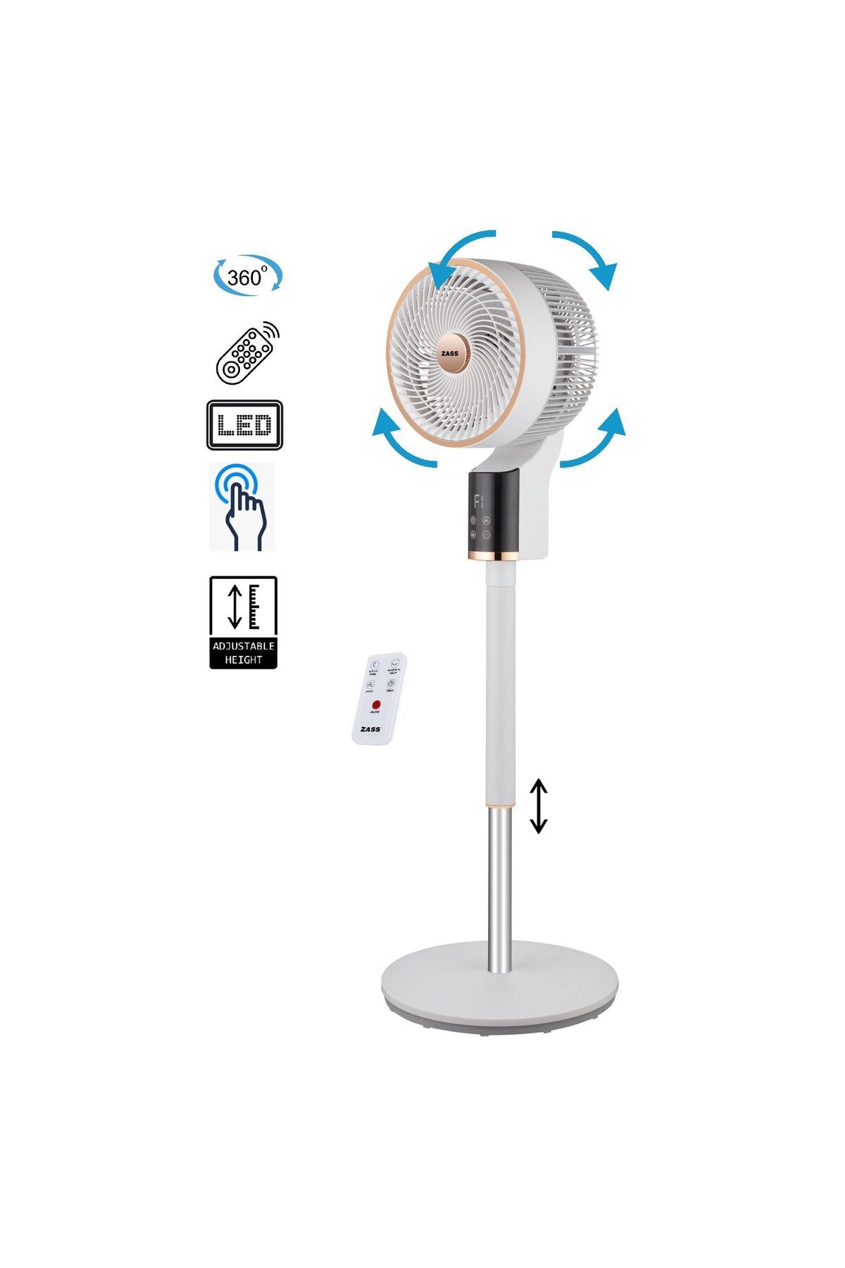 Zass Ventilator De Podea Cu Circulație A Aerului Zacf 01, 50 W, Oscilație 3d, Înălțime Reglabilă Cu 3 Viteze, Odorizant De Cameră - One Size