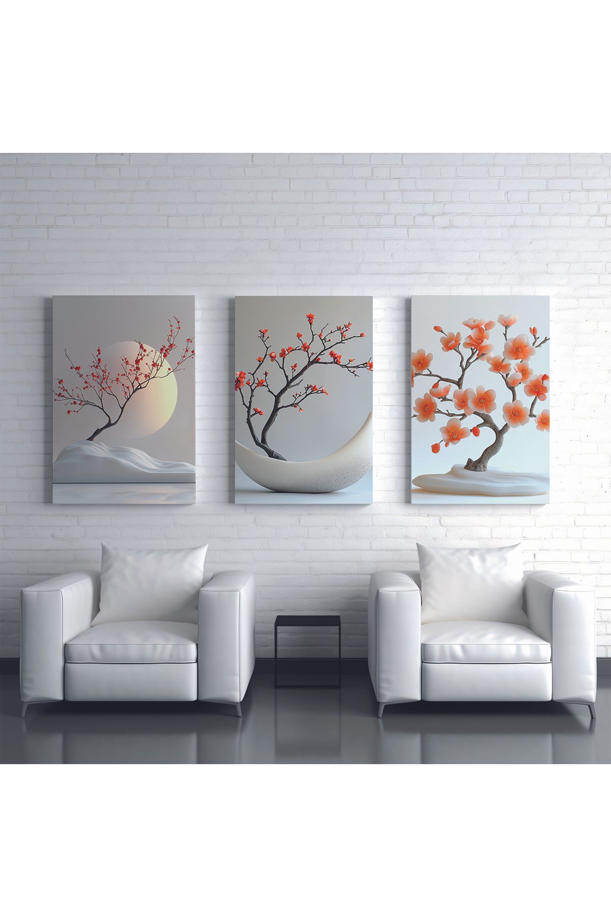 Store Minimalist Tasarımla Yükselen Kırmızı Kiraz Çiçeği 3 Parça Premium Kanvas Tablo
