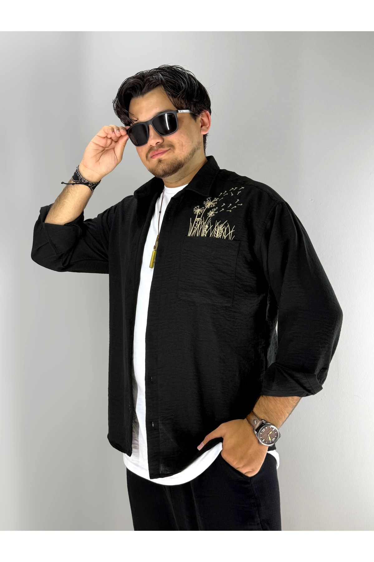 MARESHAL Nakışlı Pamuk Keten Oversize Gömlek(Siyah)