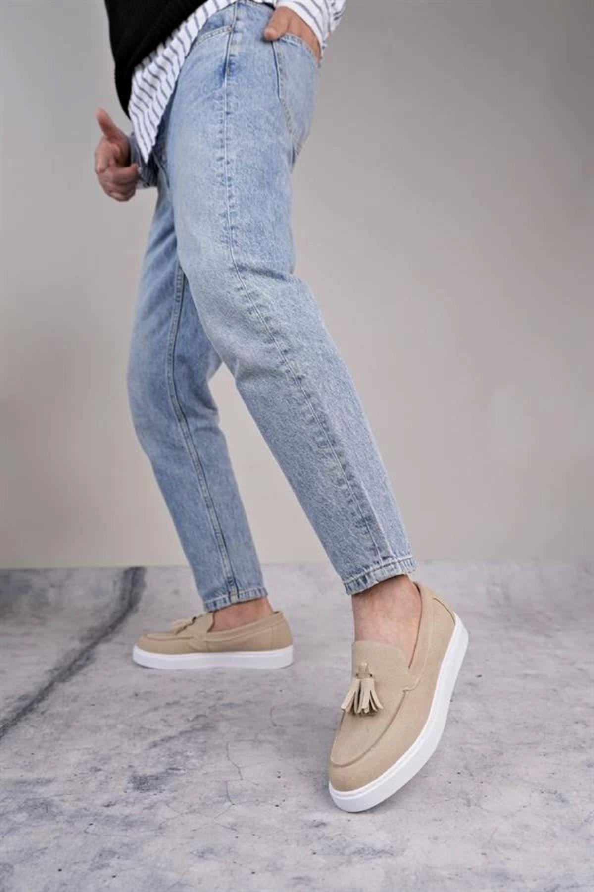 FASHIONLINE SLW153 Bloom Bağcıksız Püsküllü Süet Erkek Günlük Spor Klasik Ayakkabı SBT - Krem