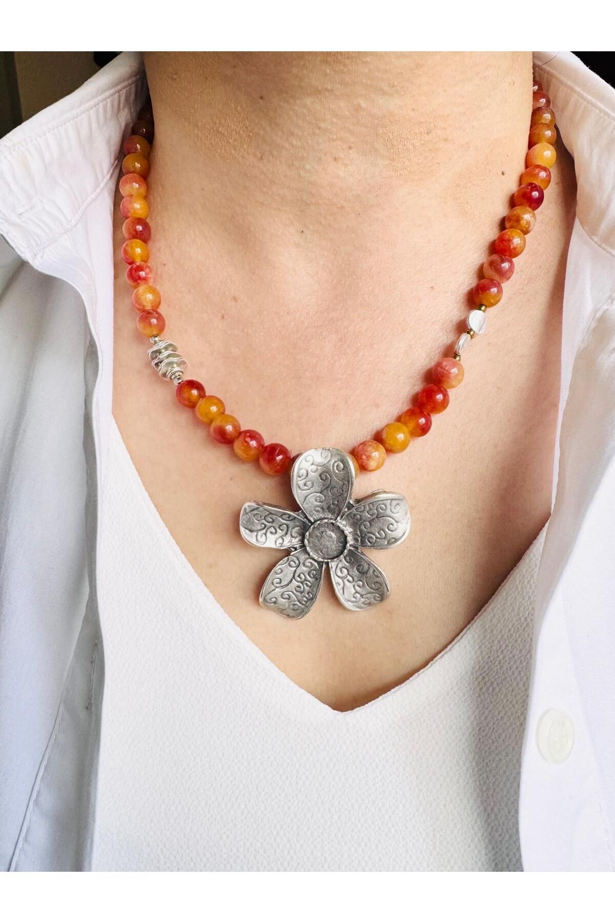 DEVİ fashion Akik Doğal Taş Çiçek Kolye 48 cm