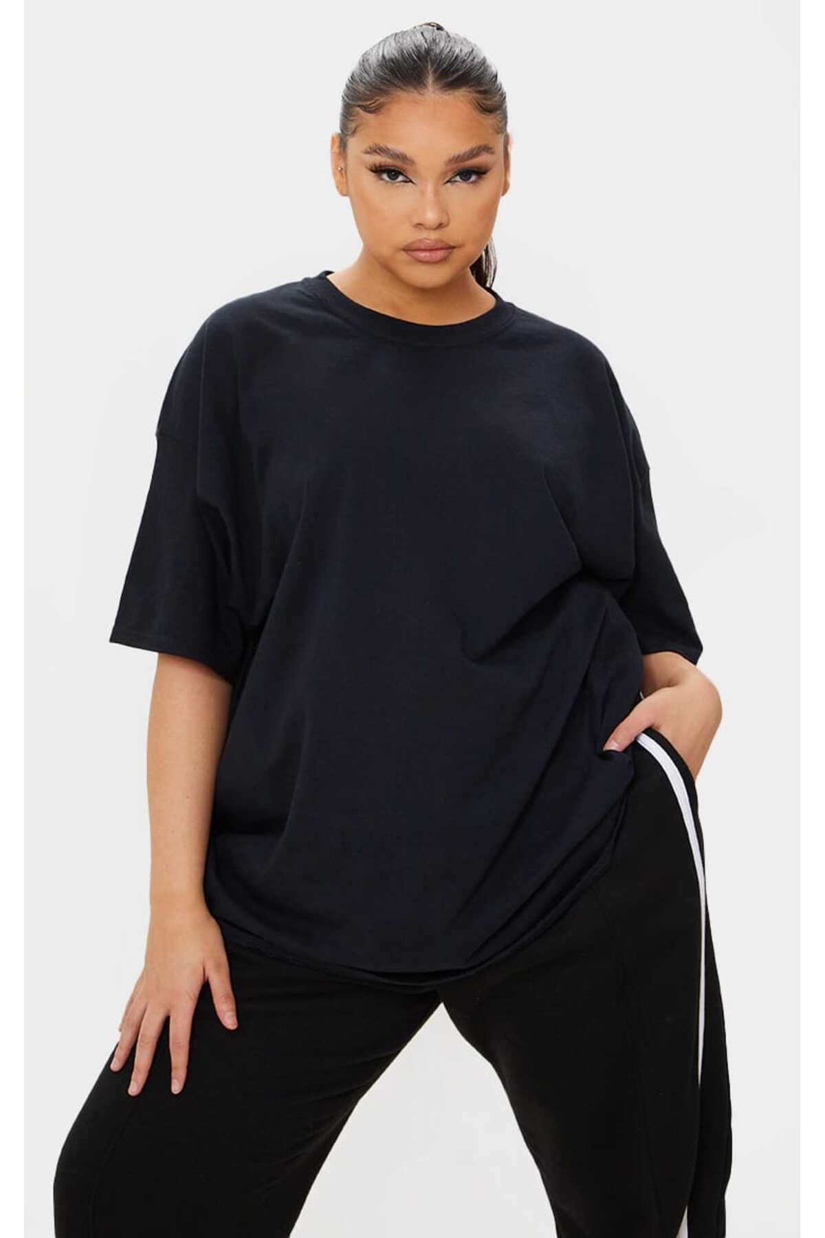 LADY HAZAL Siyah Bisiklet Oversize Unisex Tişört Büyük Beden Kompakt Penye Rahat Kesim Spor T-shirt