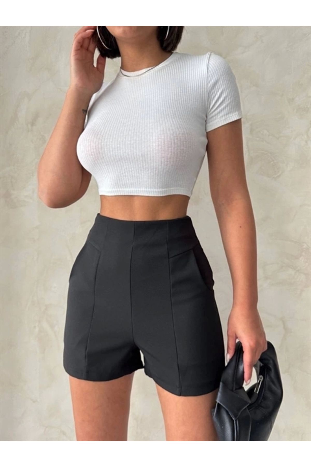 FASHIONLINE Yüksek bel parçalı double kumaş şort s25312