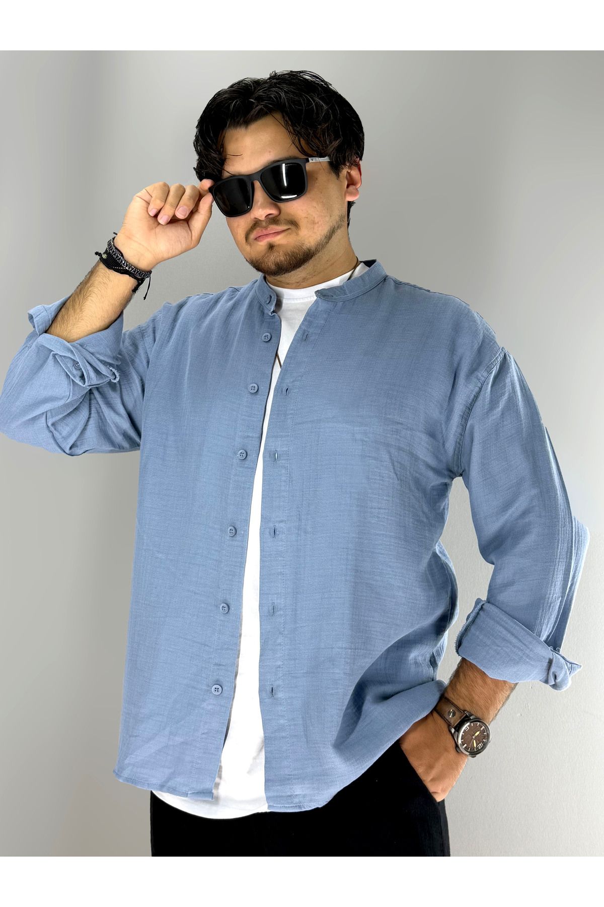 MARESHAL Müslim Kumaş rahat oversize Hakim Yaka Gömlek(Mavi)