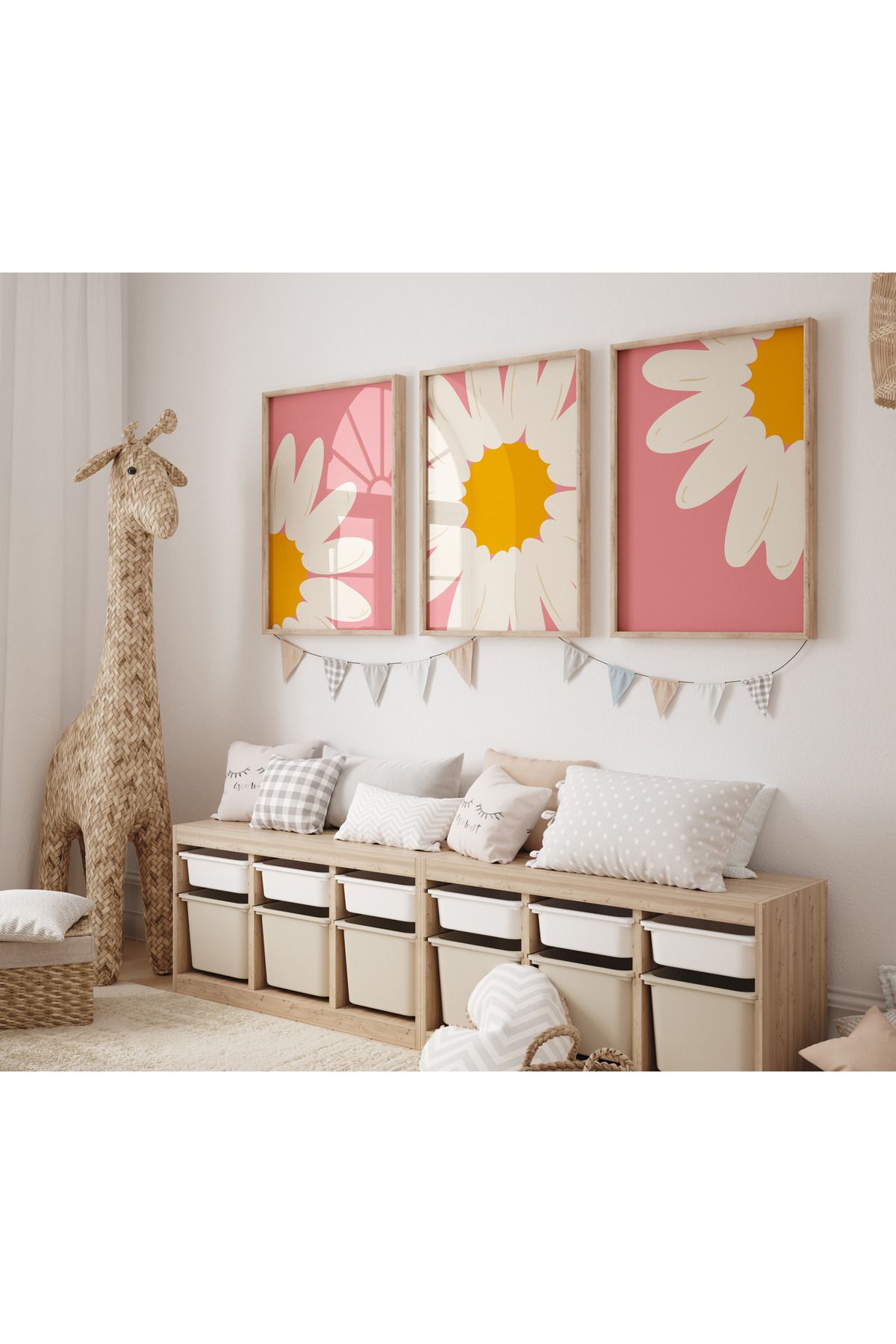 Rabadon Çerçeveli Papatya Temalı 3 Parça Tablo Seti | Çiçek Desenli Modern Duvar Posteri