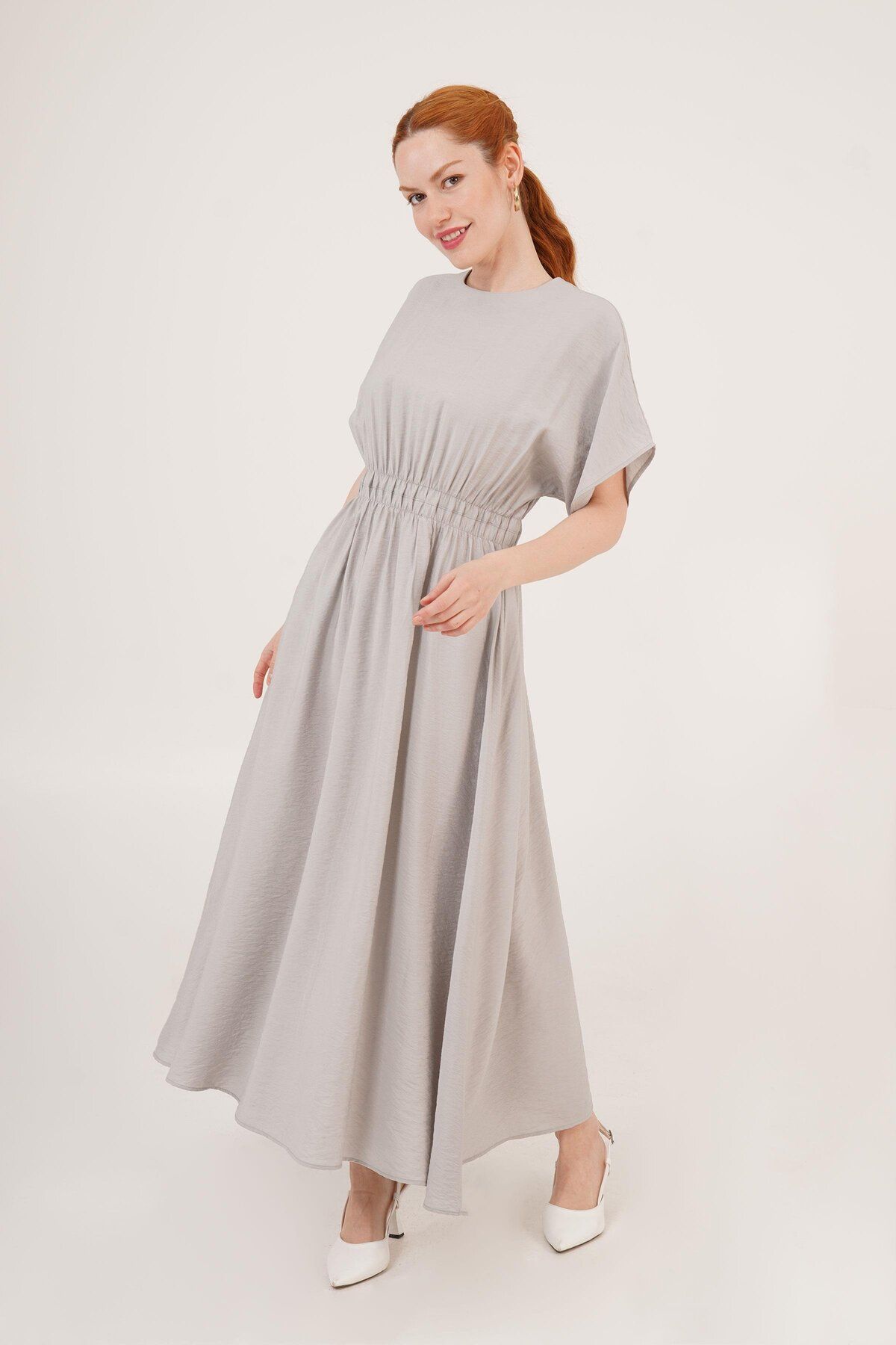 Castivo Fashion Zarif Form - Bel Lastikli Yarasa Kol Maxi Elbise (Haki, Bej, Gri, Siyah)
