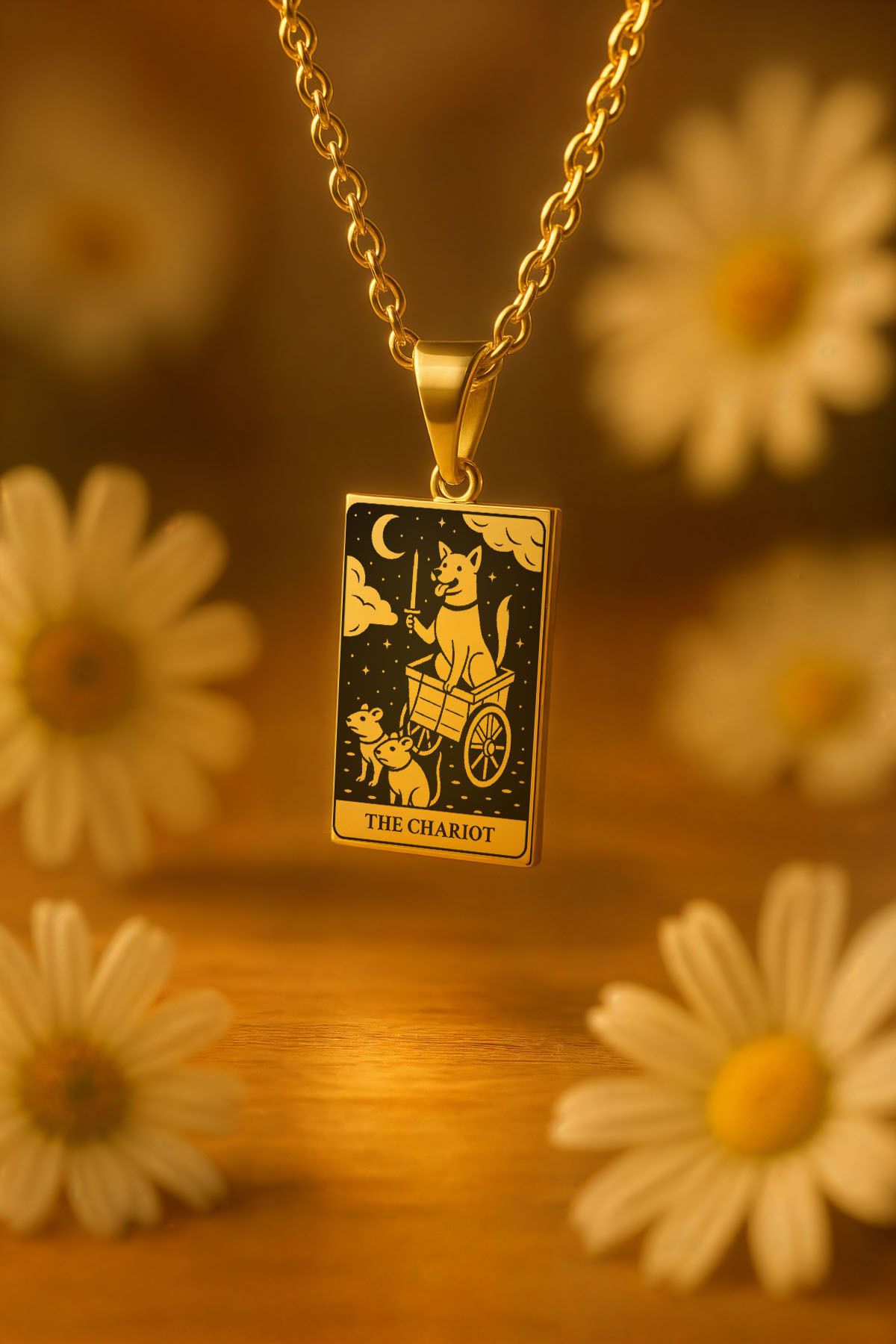ArtinArt The Chariot - Savaş Arabası Köpek Tarot Kart | 316l Çelik Kolye