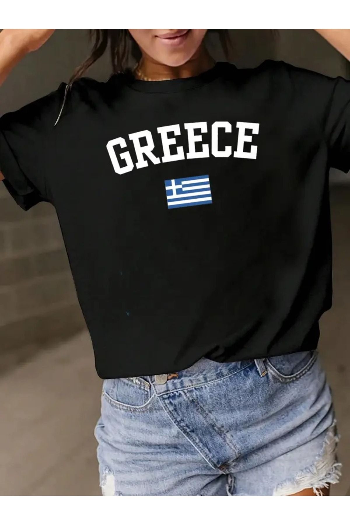 PALPİTO Kadın Siyah Greece Bayrak Baskılı Oversize T-Shirt
