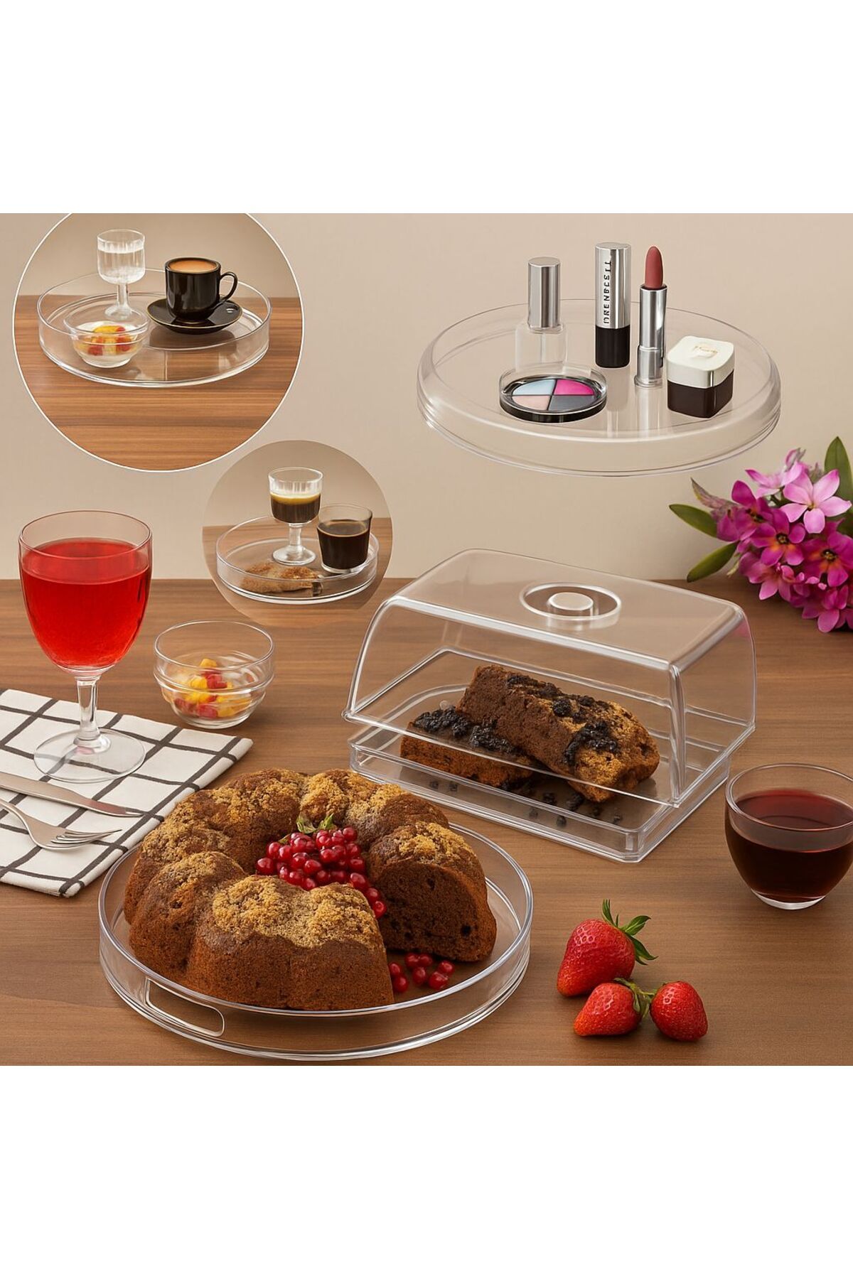 ARVALE 2 Adet Kristal Fanus Set-1 Adet 27 Cm yuvarlak 1 Adet 25x18 Cm Kare Fanus-Kek Fanusu Sunumluk