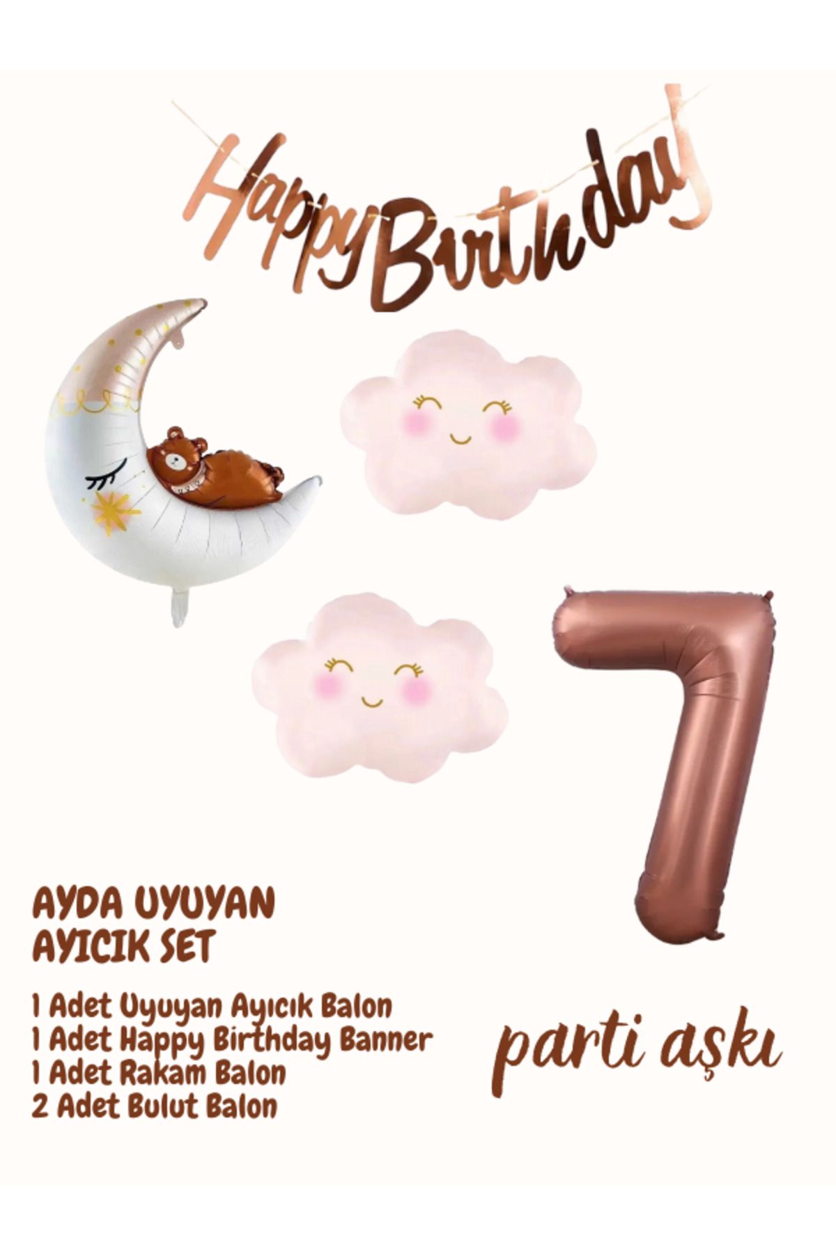 PARTİ AŞKI 7 Yaş Ayda Uyuyan Sevimli Ayı 5'li Balon Seti & Kız Çocuk Bebek Konsept Doğum Günü Balon Seti