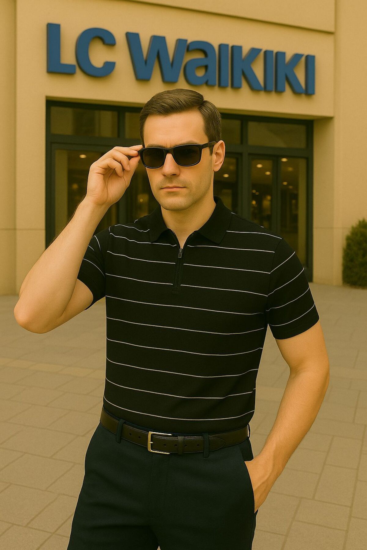 LC Waikiki Polo Yaka, Fermuarlı, Modern Fit Kısa Kollu Erkek Çizgili Triko Tişört - Çizgili Tasarım