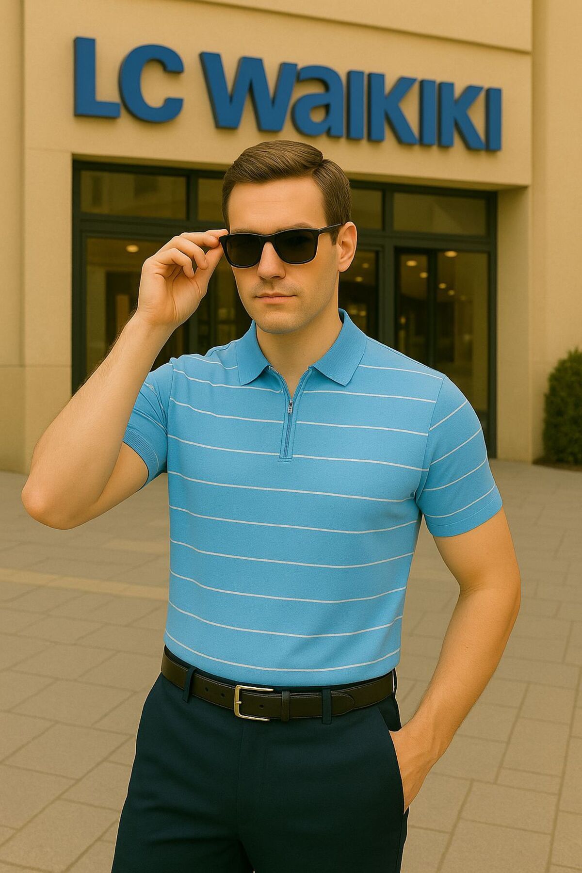 LC Waikiki Polo Yaka, Fermuarlı, Modern Fit Kısa Kollu Erkek Çizgili Triko Tişört - Çizgili Tasarım