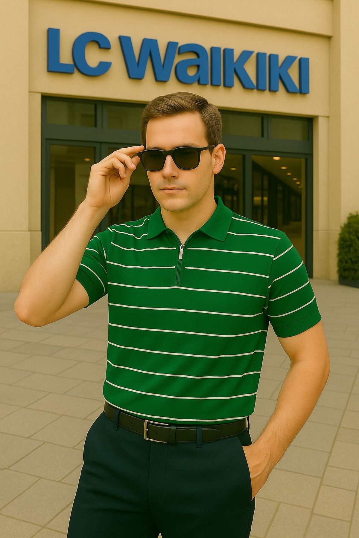 LC Waikiki Polo Yaka, Fermuarlı, Modern Fit Kısa Kollu Erkek Çizgili Triko Tişört - Çizgili Tasarım