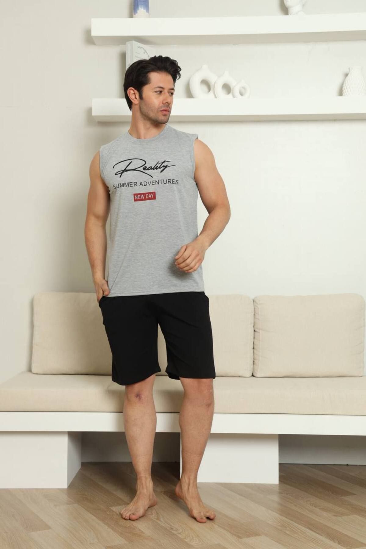 dealp Erkek Gri %100 Pamuk Baskılı Atlet Şort Kolsuz Cepli Yazlık Pijama Takımı