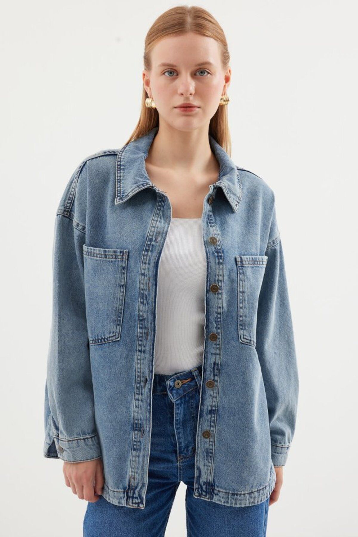 novafems 0694 Çift Cepli Oversize Denim Ceket - Buz Mavi
