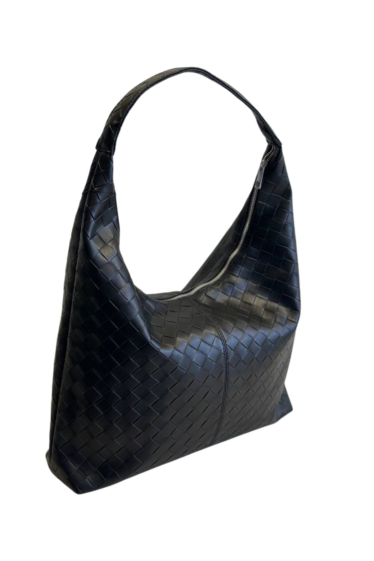 Kairon Accessories Örgü Detaylı Büyük Boy Fermuarlı Kadın Omuz Çantası Tote Çanta