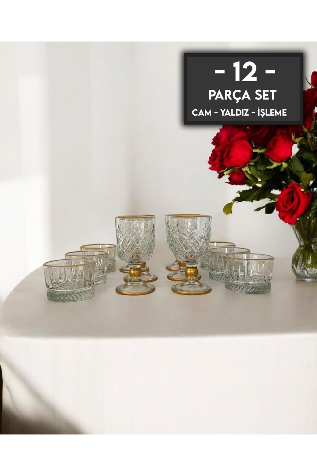 gkzglass home dekor Orkide TMS Cam Yaldızlı Kahve Yanı Su Bardağı Takımı Sunum Seti 12'li Set