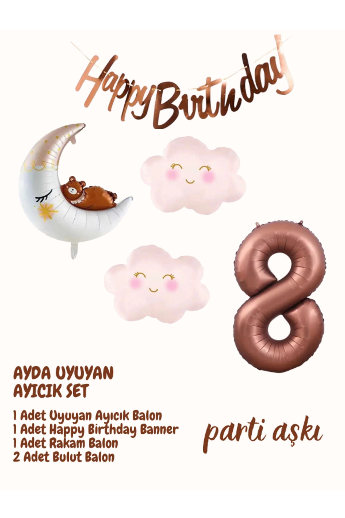 PARTİ AŞKI 8 Yaş Ayda Uyuyan Sevimli Ayı 5'li Balon Seti & Kız Çocuk Bebek Konsept Doğum Günü Balon Seti