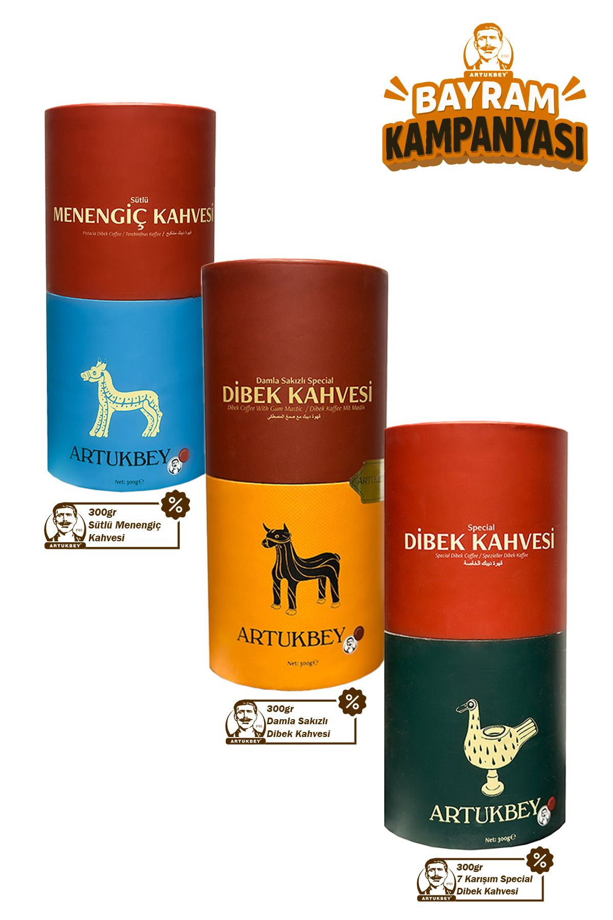 ARTUKBEY Bayram 3'lüsü Dibek Kahve Seti (Menengiç+Damla Sakızlı+7 Karışım Dibek)