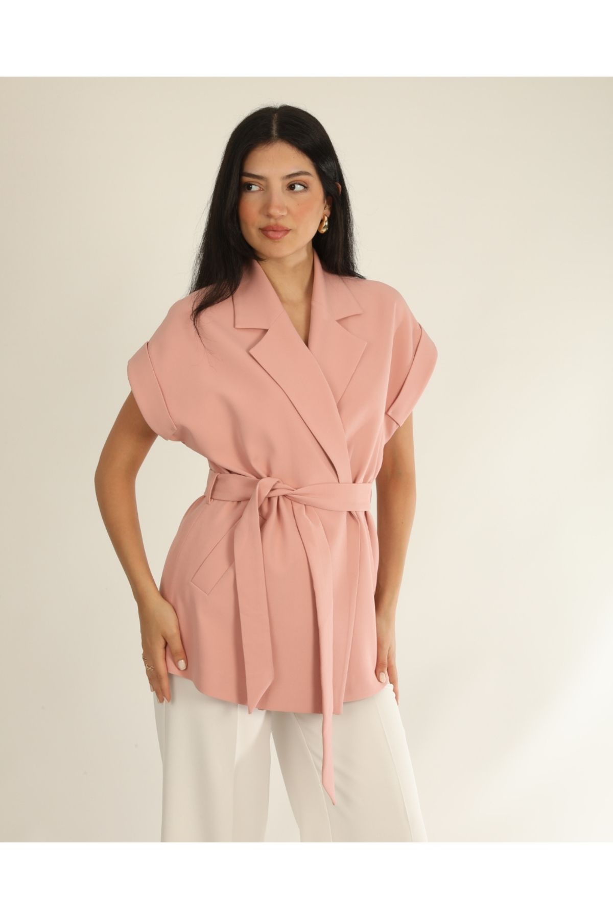 DEQ FASHION Kadın Pembe Düşük Omuzlu Oversize Kuşaklı Yelek
