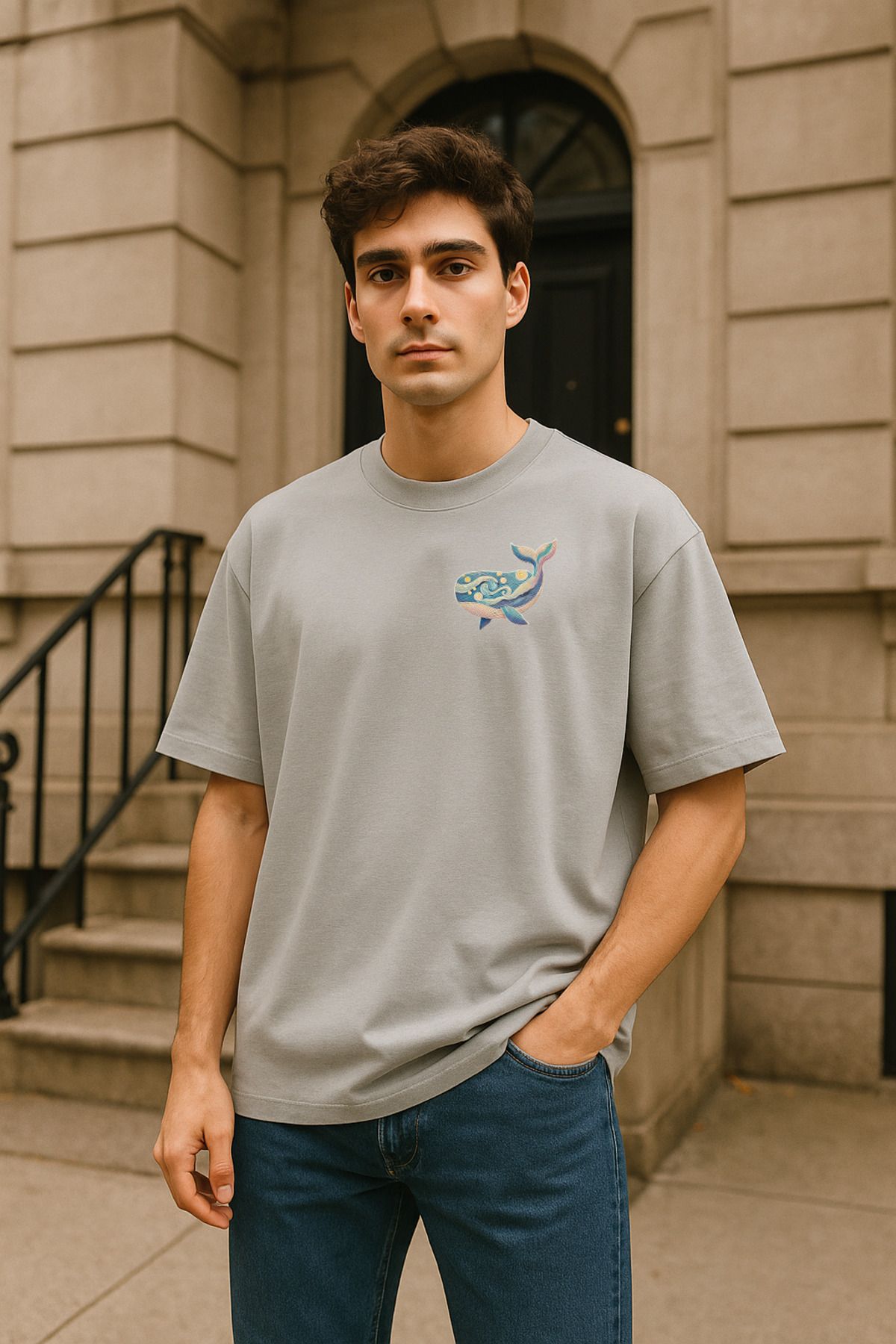 wolka Balina Baskılı Unisex %100 Pamuk Oversize Bisiklet Yaka Gri T-shirt
