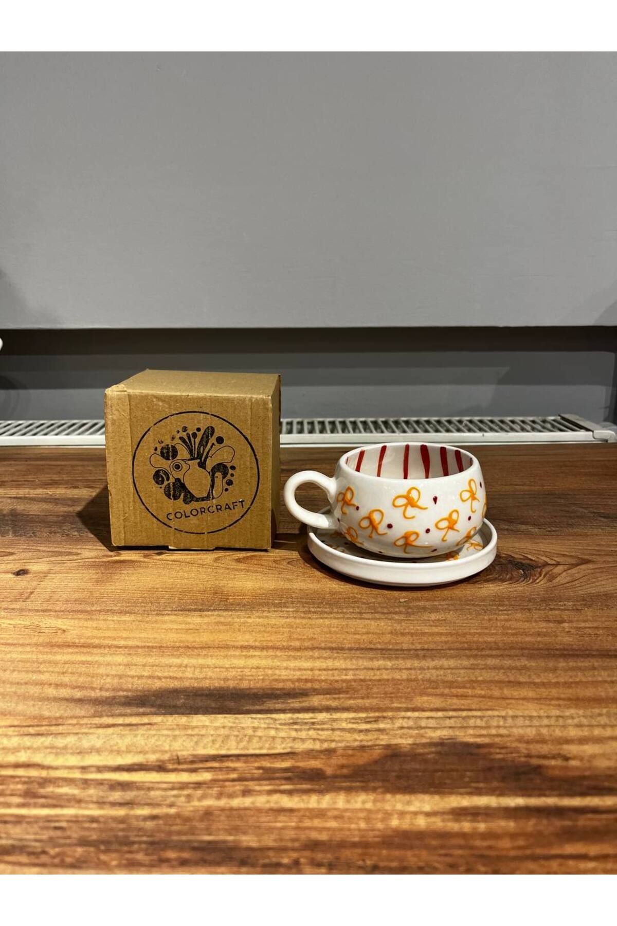 ColorCraft Sarı Fiyonk Desenli Tabaklı Seramik Kupa, Mug, Double Türk Kahvesi Filtre kahve