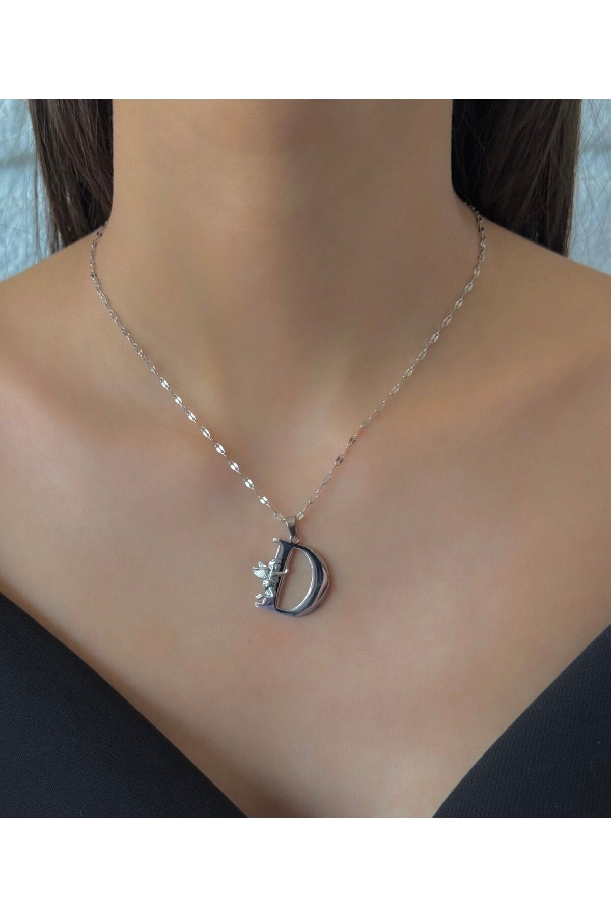 h&b design jewel Çelik Silver Melek Detaylı D Harfli Kolye