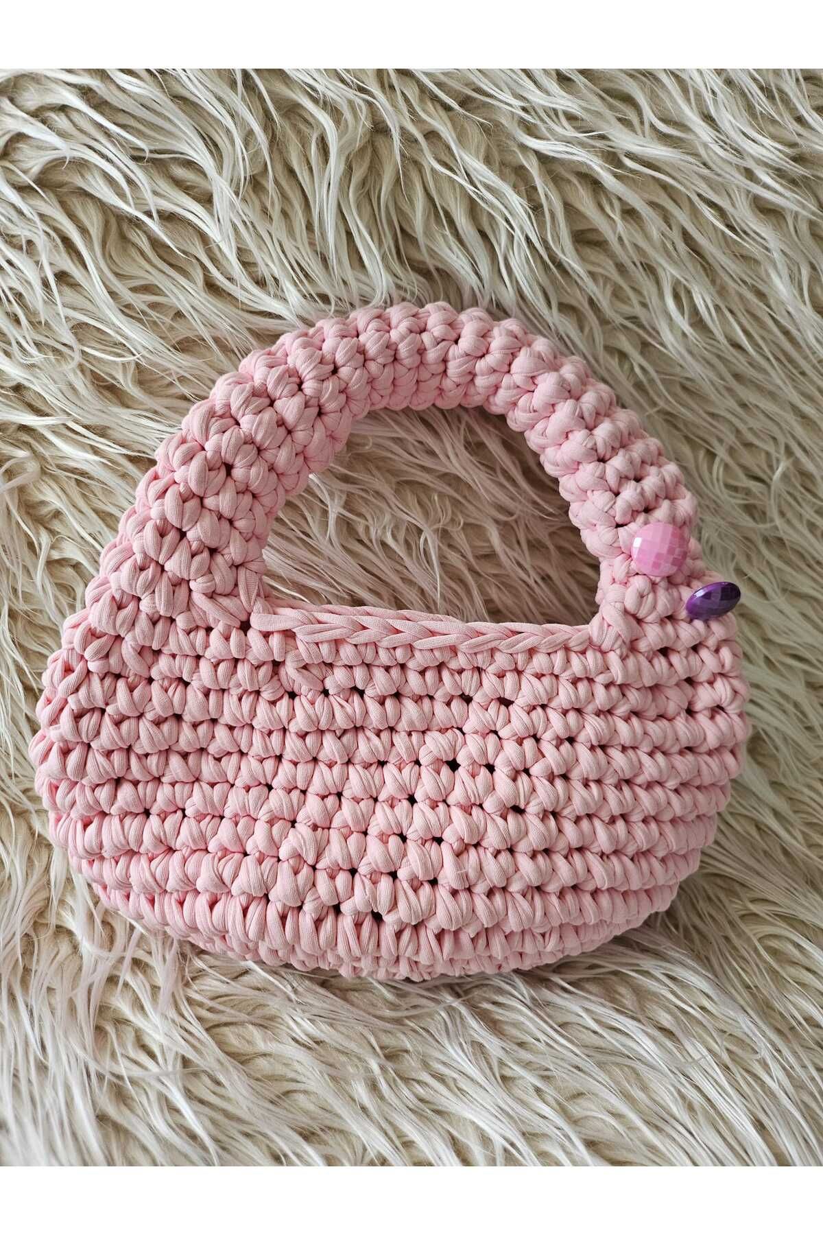 myshopen şeker pembe el örgüsü baget çanta