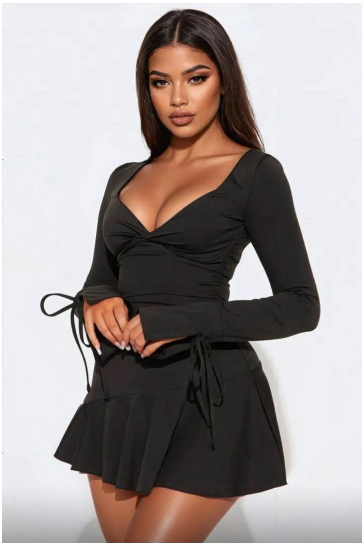 SiaLess Lingerie Siyah Scuba Dalgıç Kumaş Volanlı Elbise Mezuniyet Mini Elbise