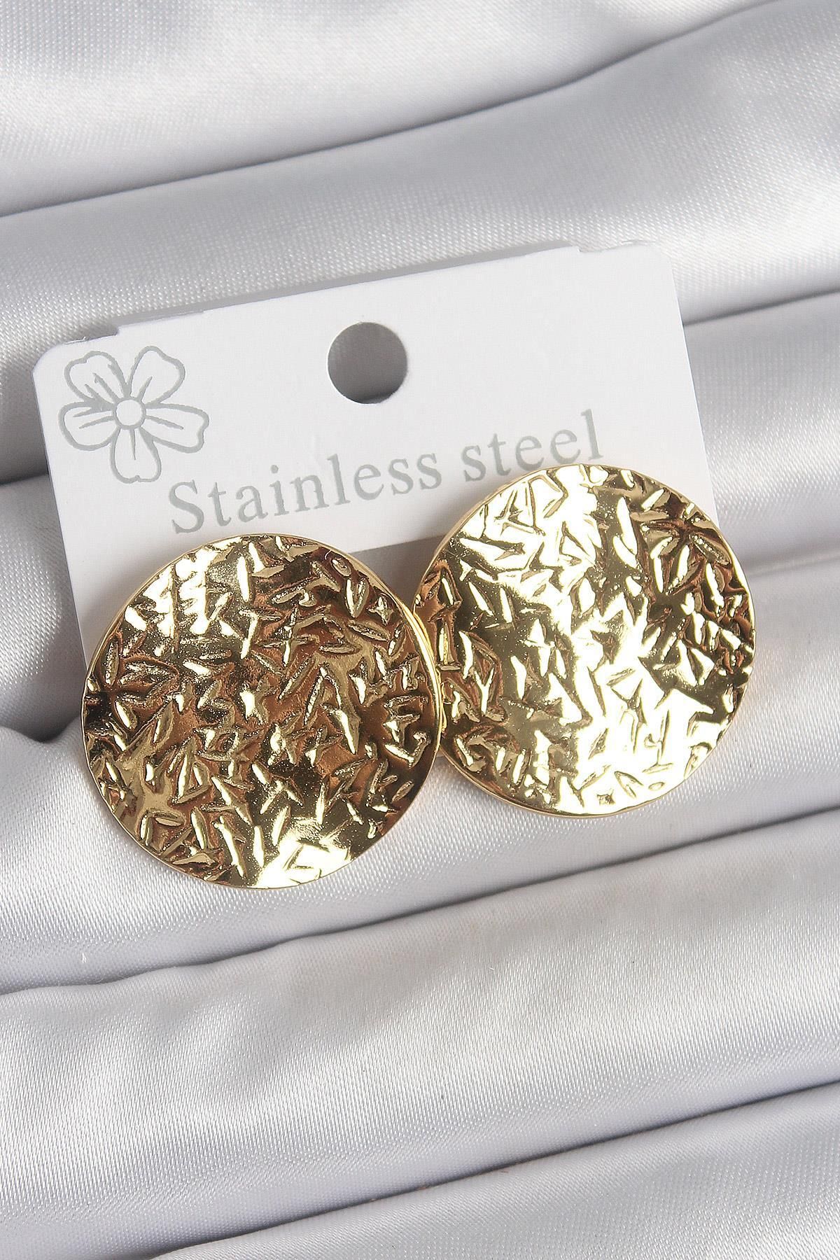 prativas 316 Çelik Gold Renk İşlemli Daire Plaka Model Kadın Küpe