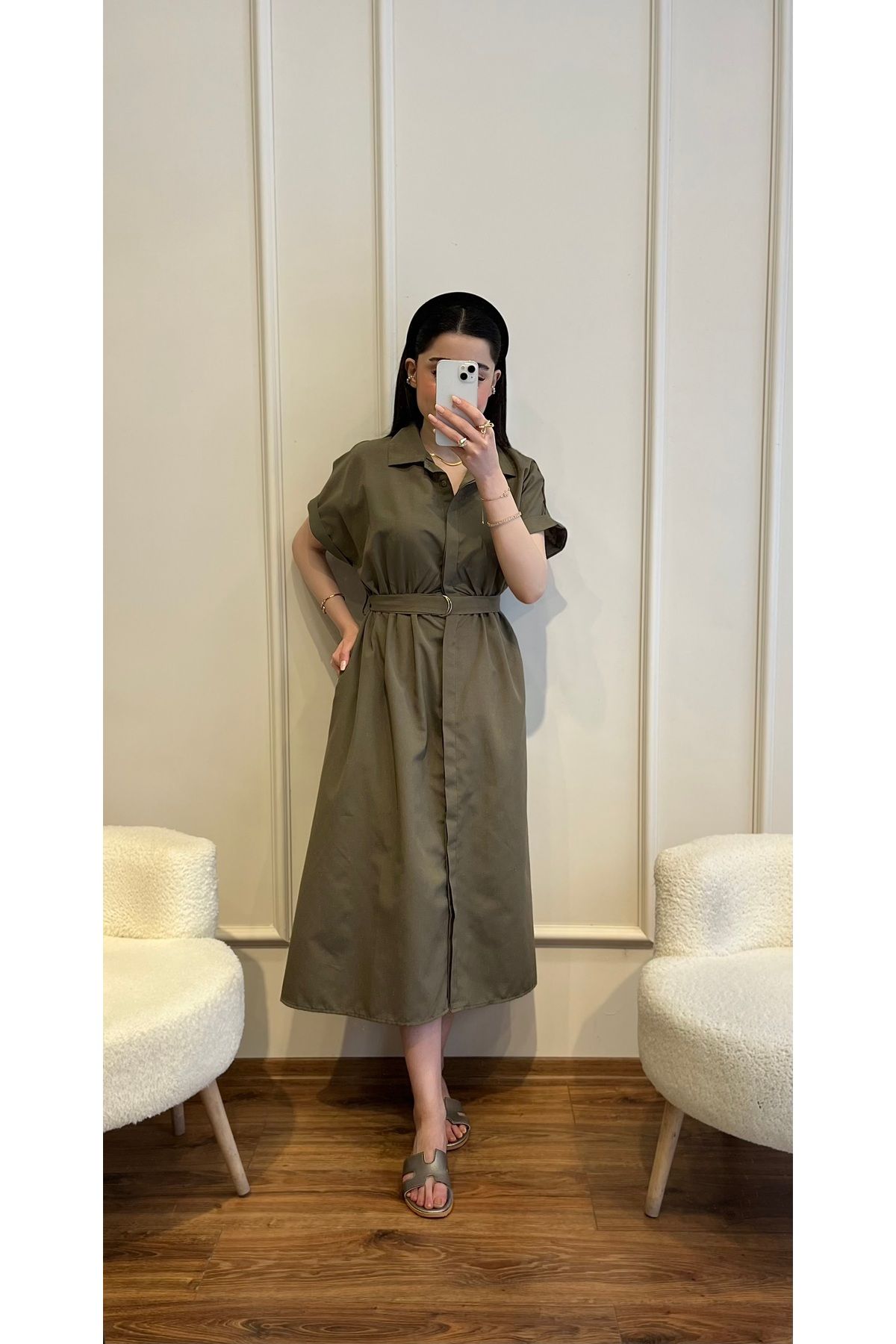 Zims Butik Kısa Kollu Poplin Kumaş Kemerli Gömlek Elbise Haki