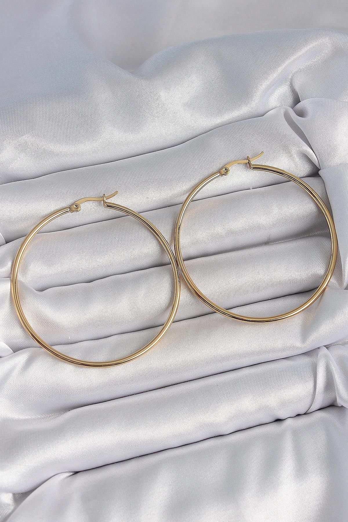 prativas 316 Çelik Gold Renk 53 mm Halka Model Kadın Küpe