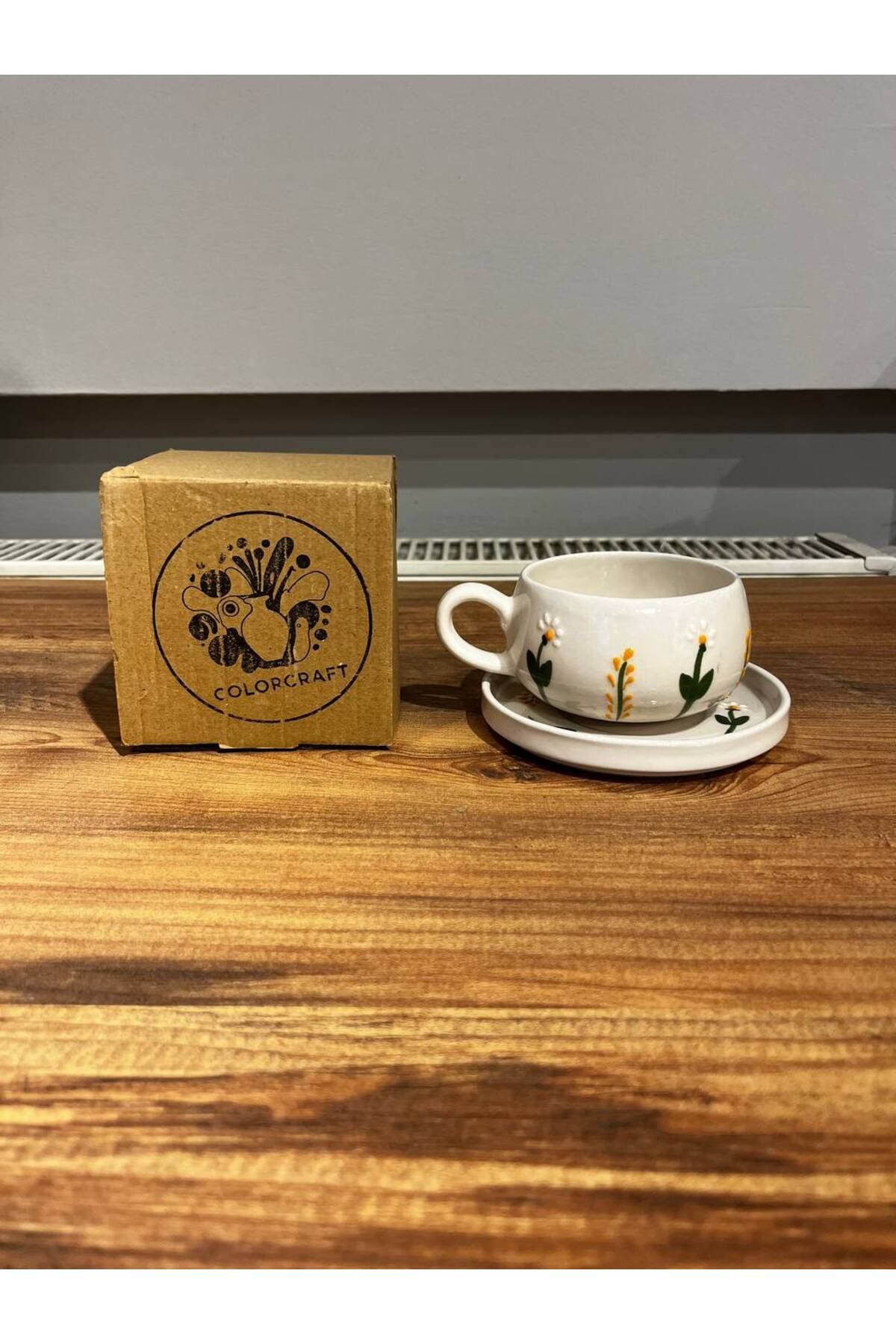 ColorCraft Dal Papatya Desenli Tabaklı Seramik Kupa, Mug, Double Türk Kahvesi Filtre kahve