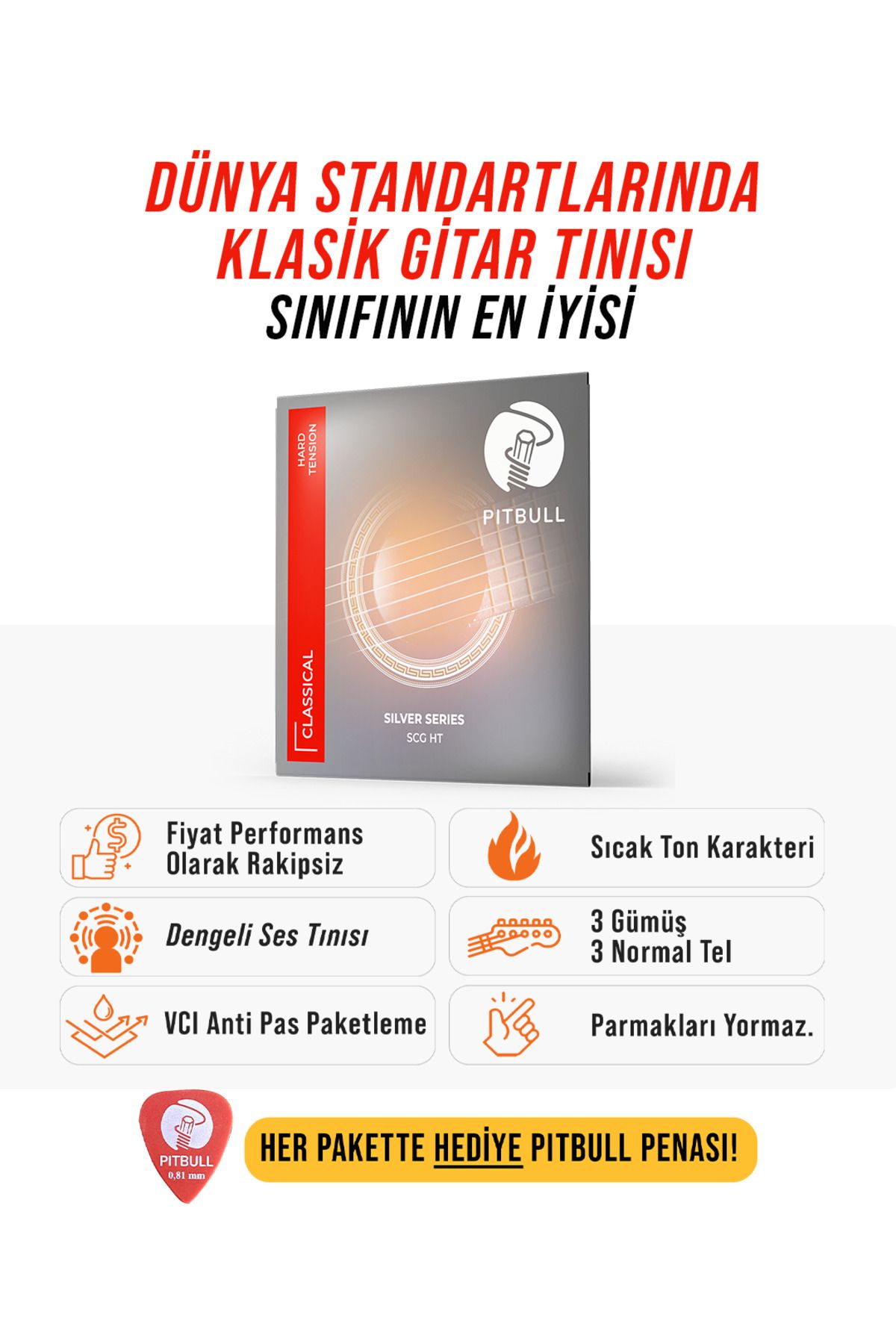 PİTBULL-Pitbull Strings Silver Series Classical Guitar Set String SCG HT Hard Tension (With Pick) 1