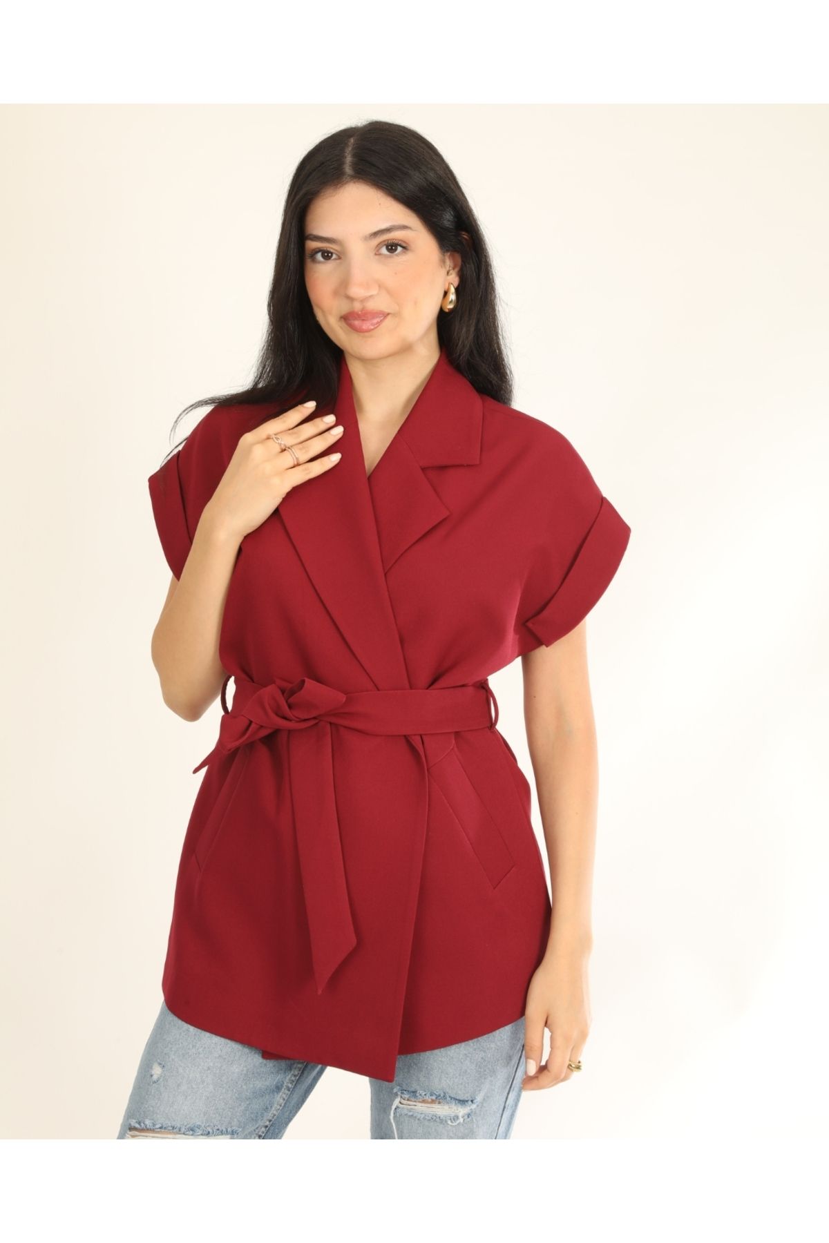 DEQ FASHION Kadın Bordo Düşük Omuzlu Oversize Kuşaklı Yelek