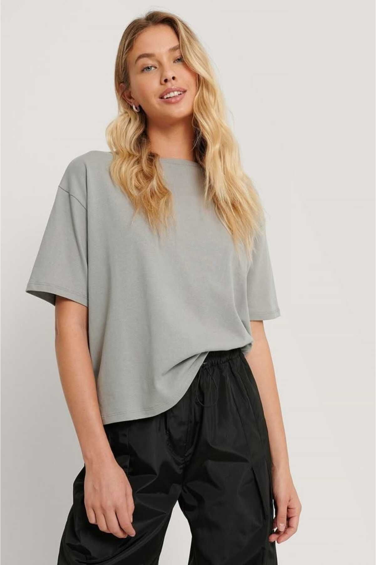 ModaDeniz Gri Oversize Basic Pamuklu Rahat kesim T-shirt