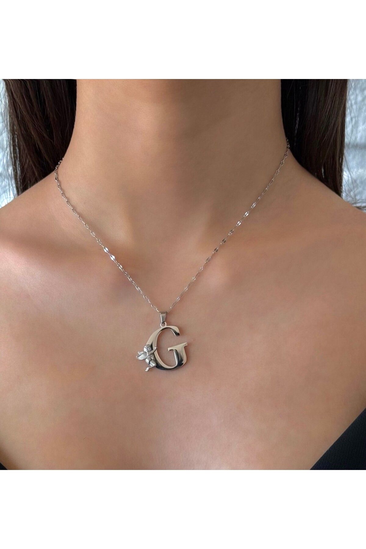 h&b design jewel Çelik Silver Melek Detaylı G Harfli Kolye