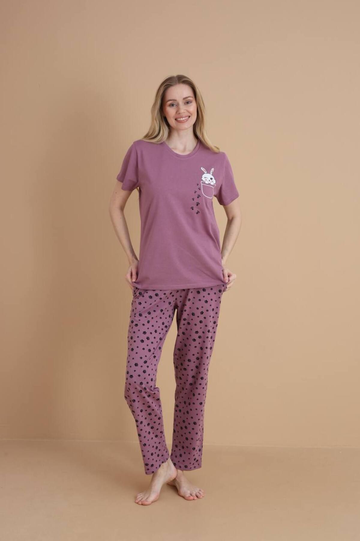 dealp Kadın Lila %100 Pamuk Baskılı Kısa Kol Cepli Yazlık Pijama Takımı